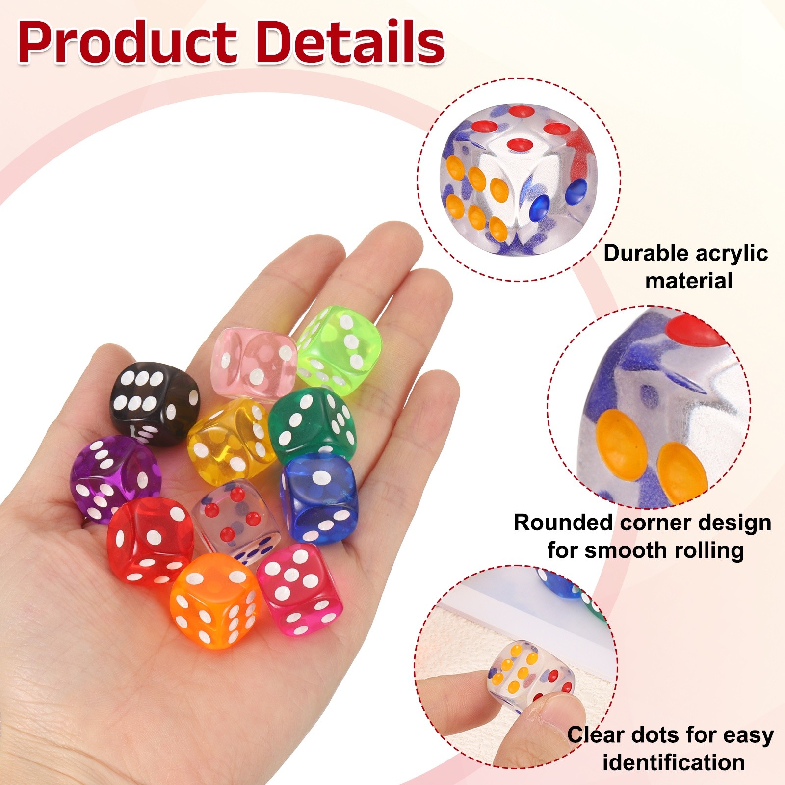 50Pcs Translucent Polyhedral Dice 16mm Square Dice W Rounded Edge, Multicolor
