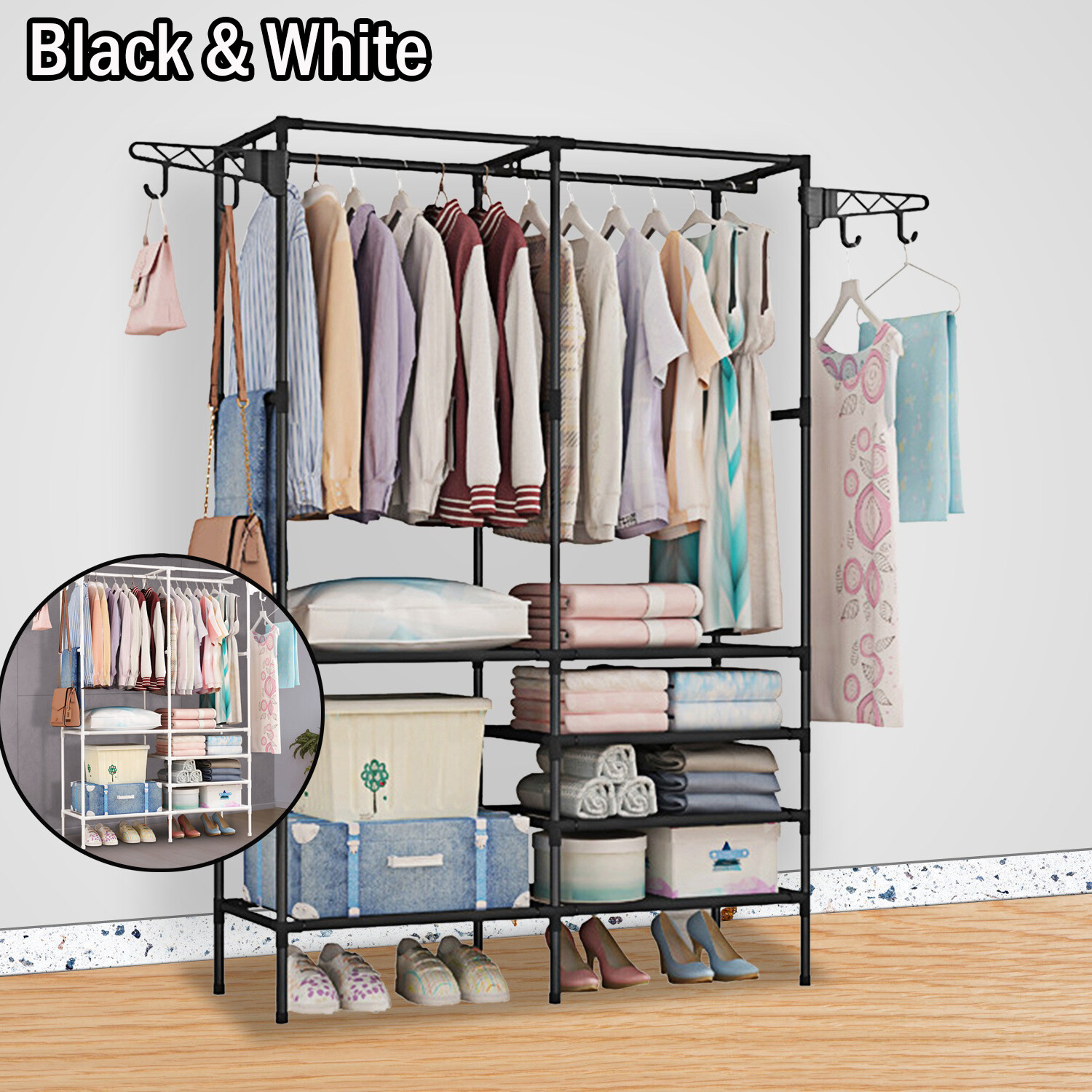 Heavy Duty Clothing Garment Rack Rolling Clothes Organizer Double Rails Hanging