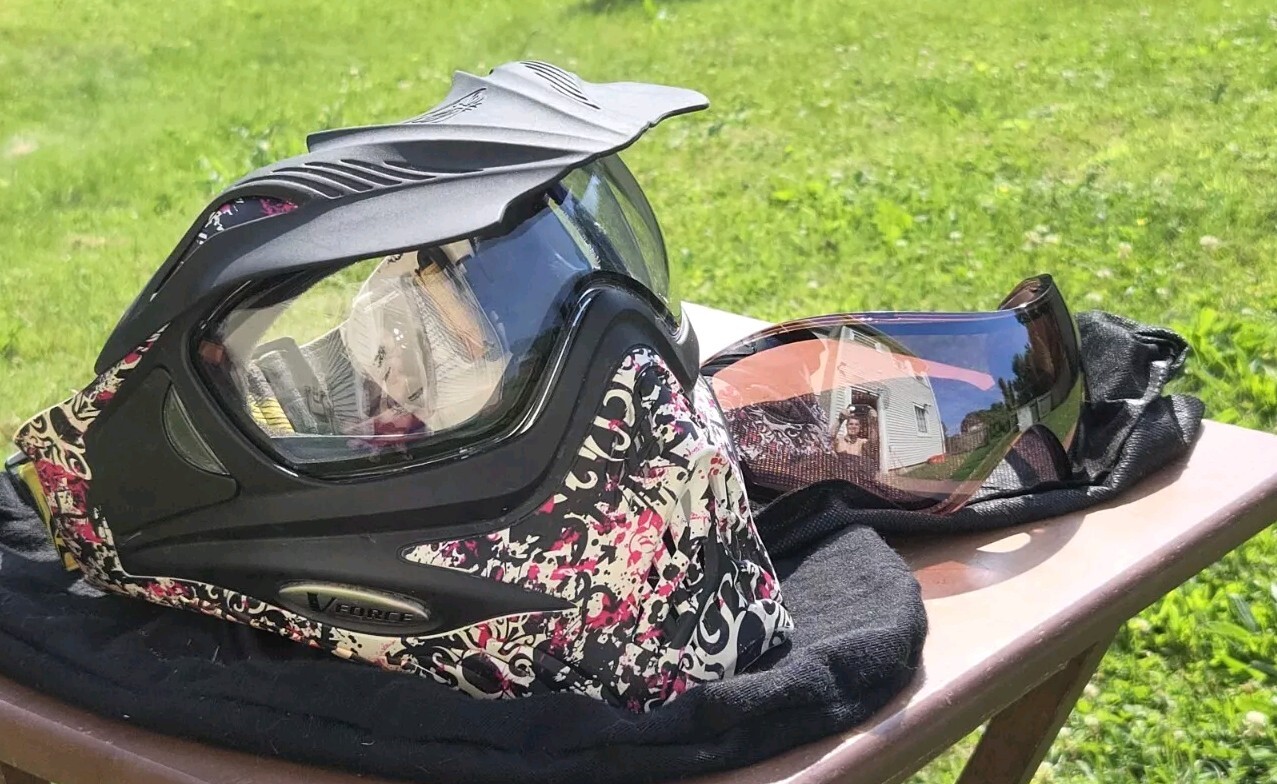 V-Force Grill Paintball Goggle Mask Pink/Black/White Camo with Visor, Extra Lens
