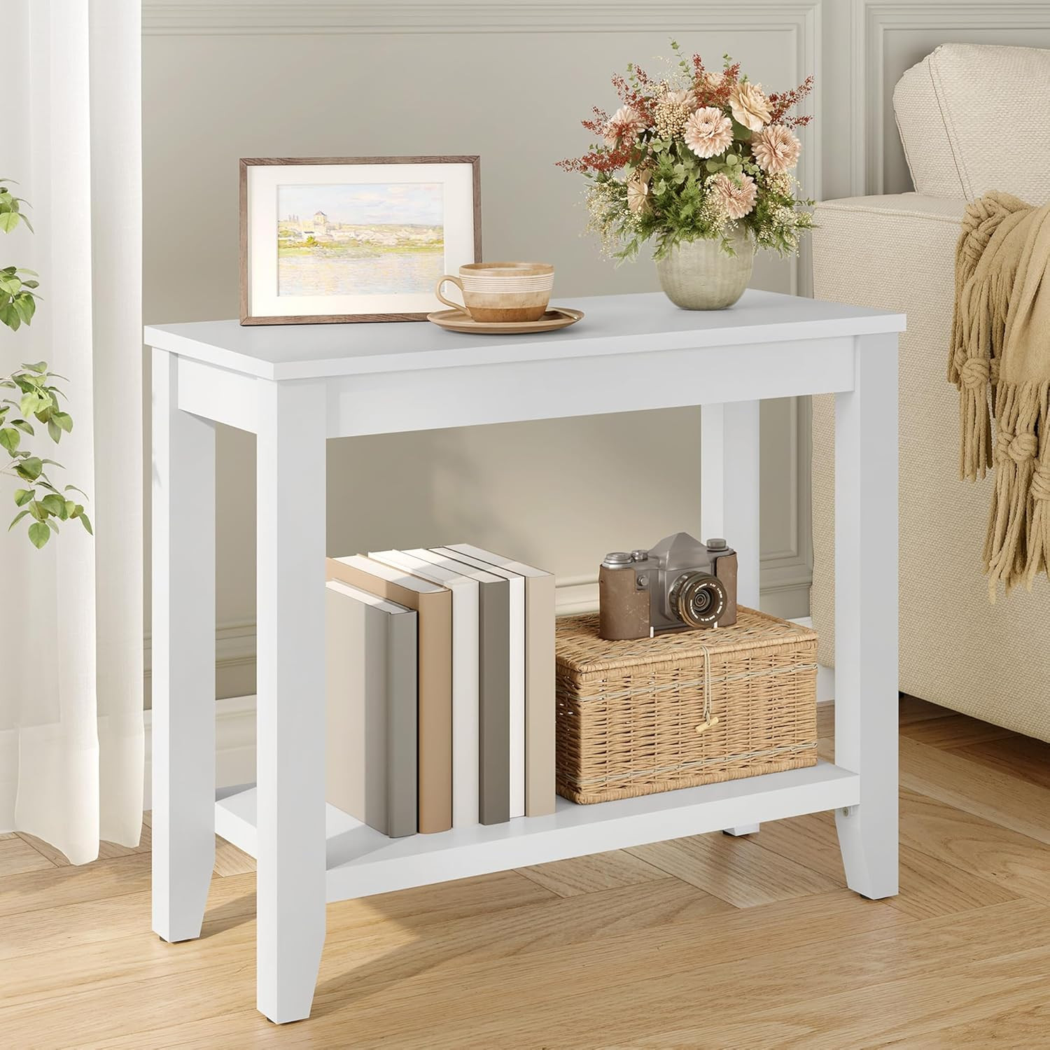 Modern White End Table with Double Storage Shelves for Small Spaces