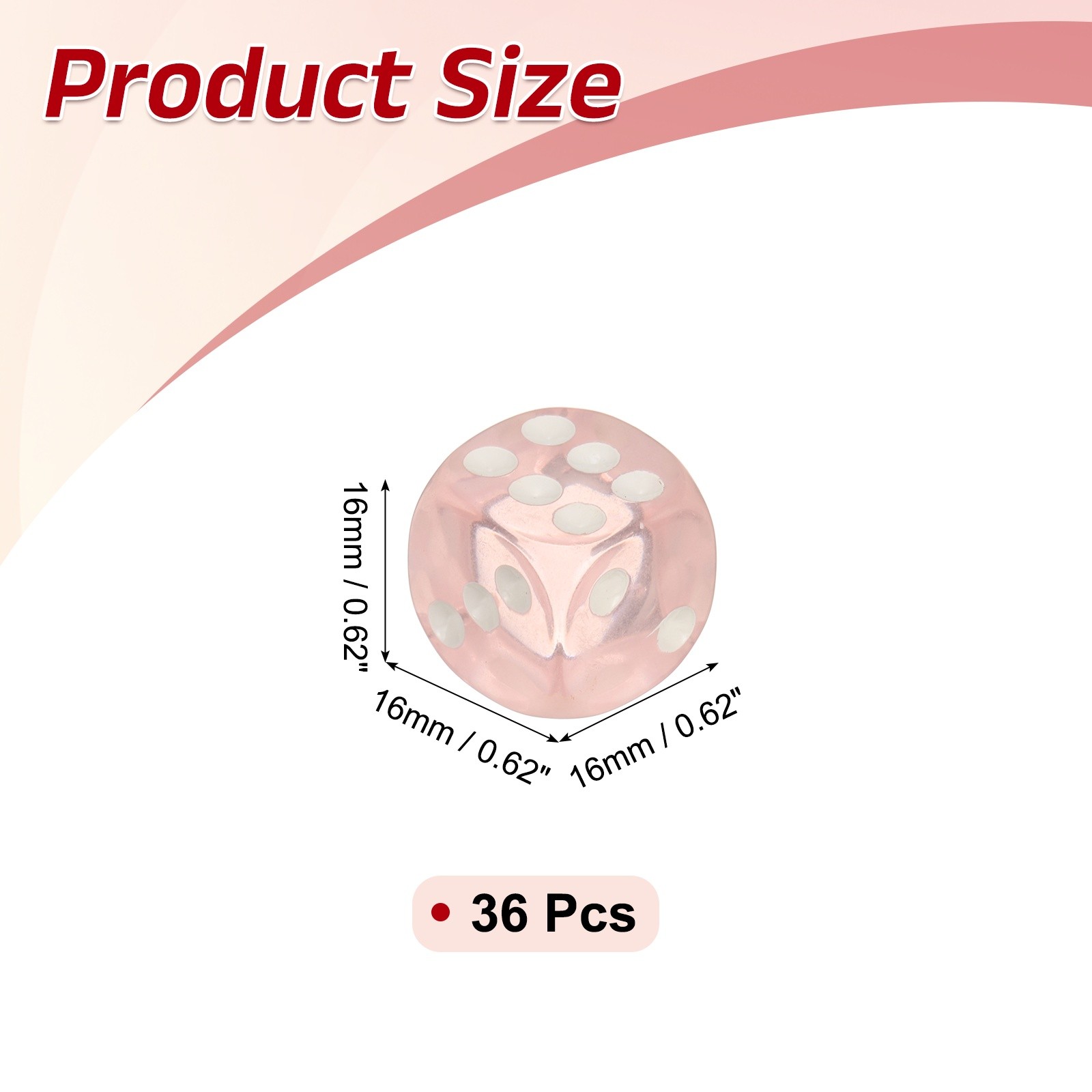 36Pcs Translucent Polyhedral Dice 16mm Square Dice W Rounded Edge, Pink