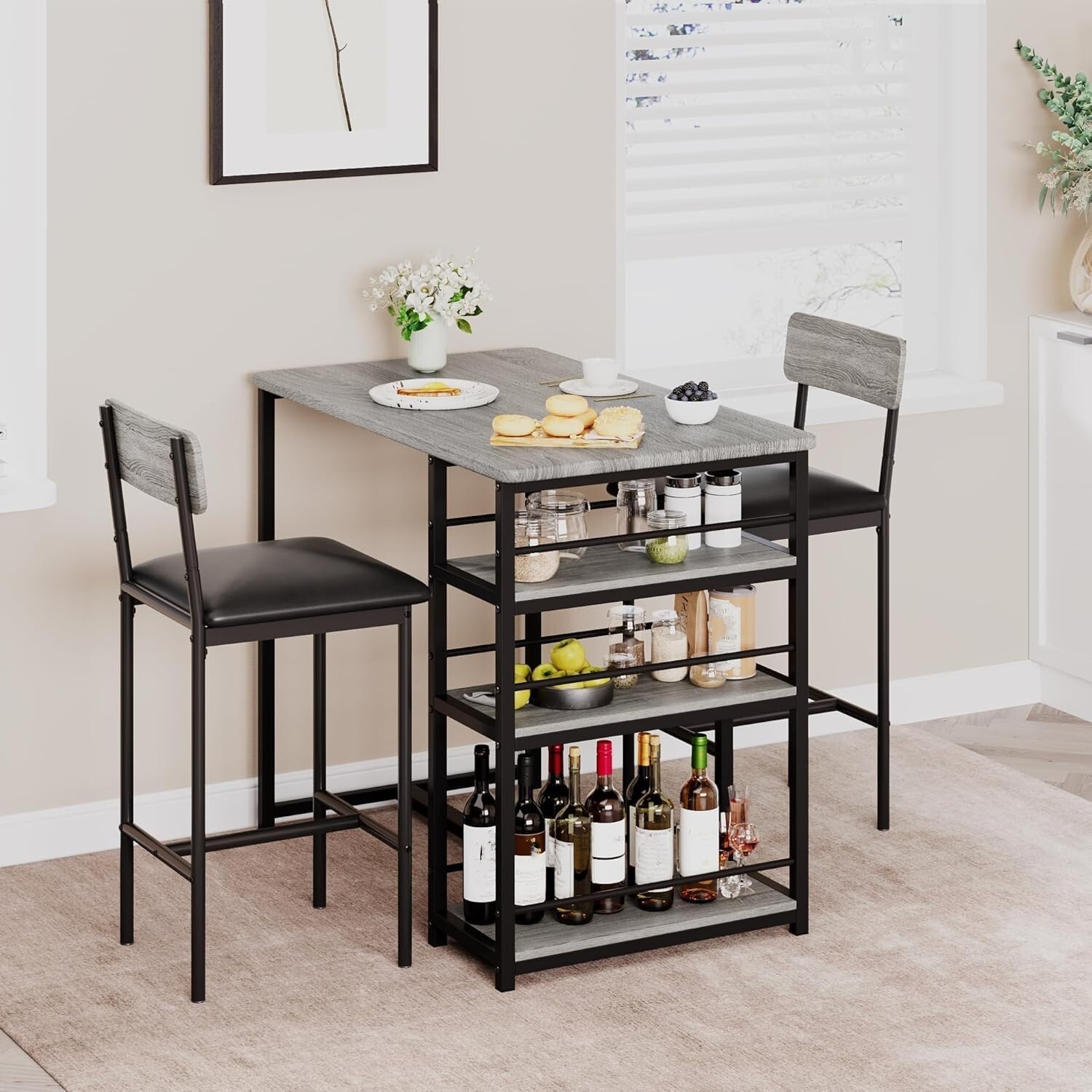 Dining Set Table and 2 Upholstered Height Chairs Bar Stools Wood Top