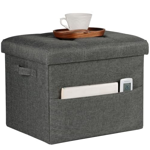 Storage Ottoman Foot Rest, Folding Linen Cotton Ottoman with Storage Dark Gray