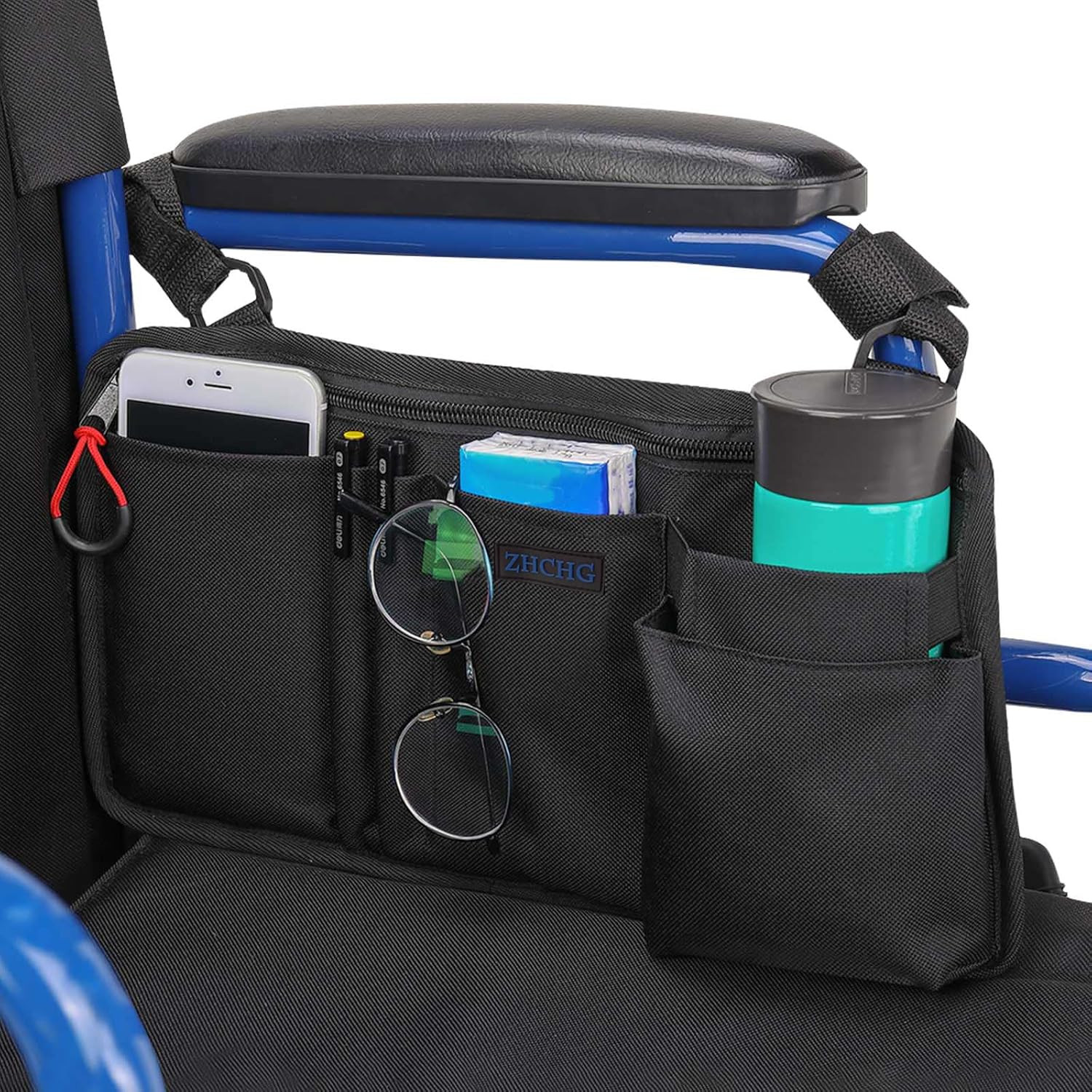 Wheelchair Side Bag with Cup Holder, Wheelchair Armrest Pouch Accessories for Wa