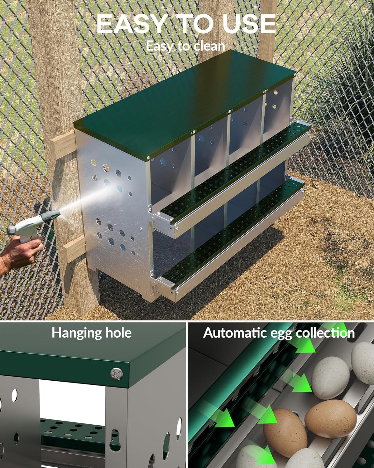 US 8-Holes Chicken Nesting Box Coop Egg Laying Box with Roll Out Egg Collection