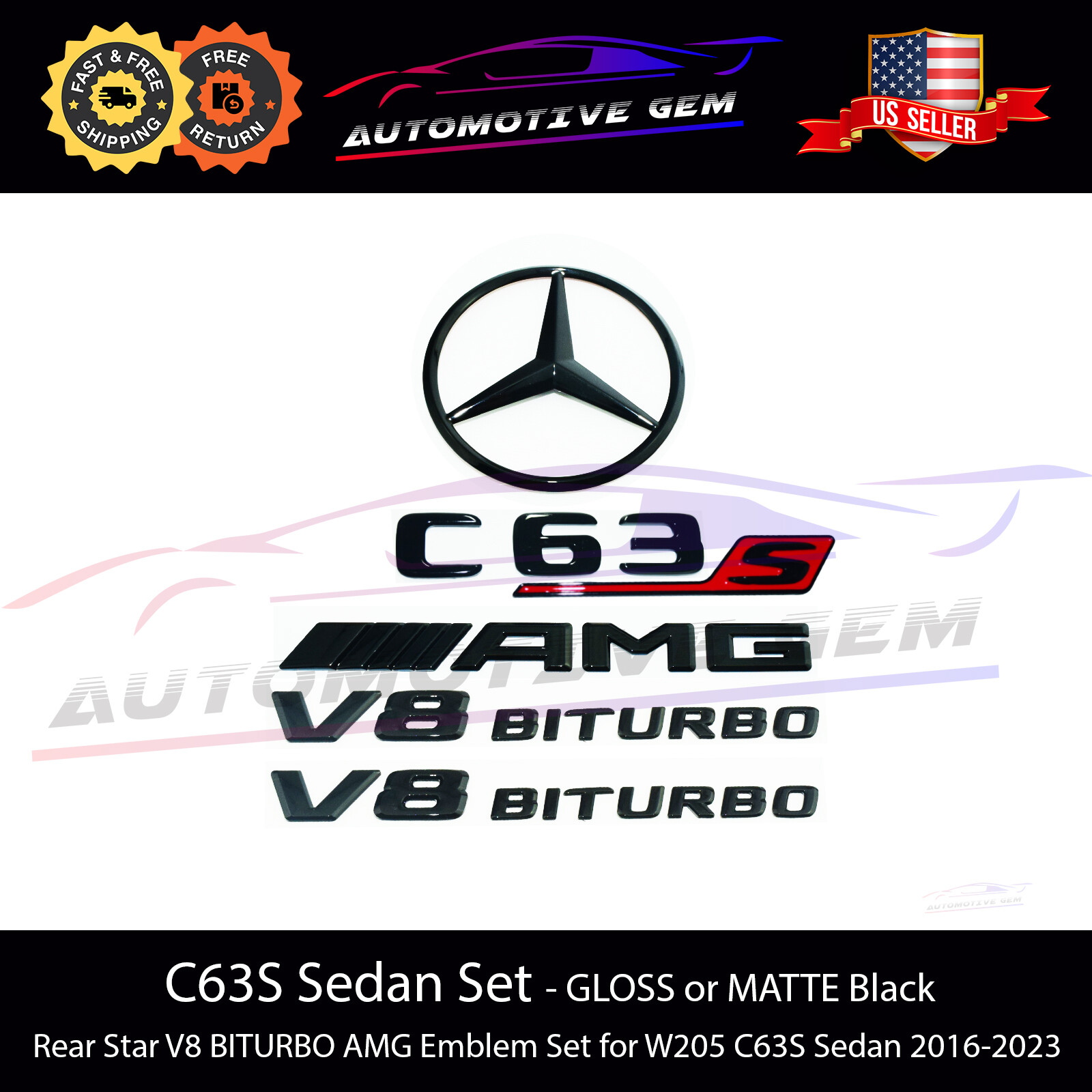 W205 C63S SEDAN AMG V8 BITURBO Trunk Star Emblem Black Badge Set Mercedes 2019+