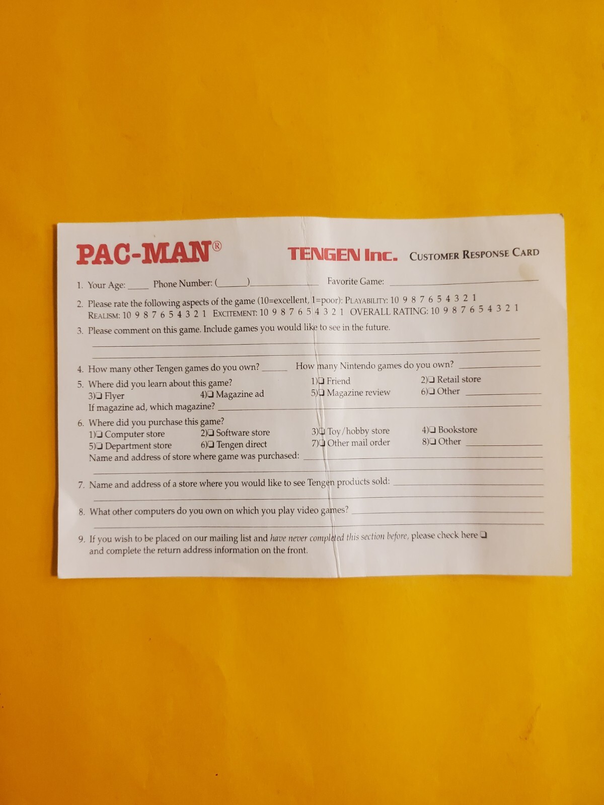 Tengen Game Player Response Card Registration - Pac Man