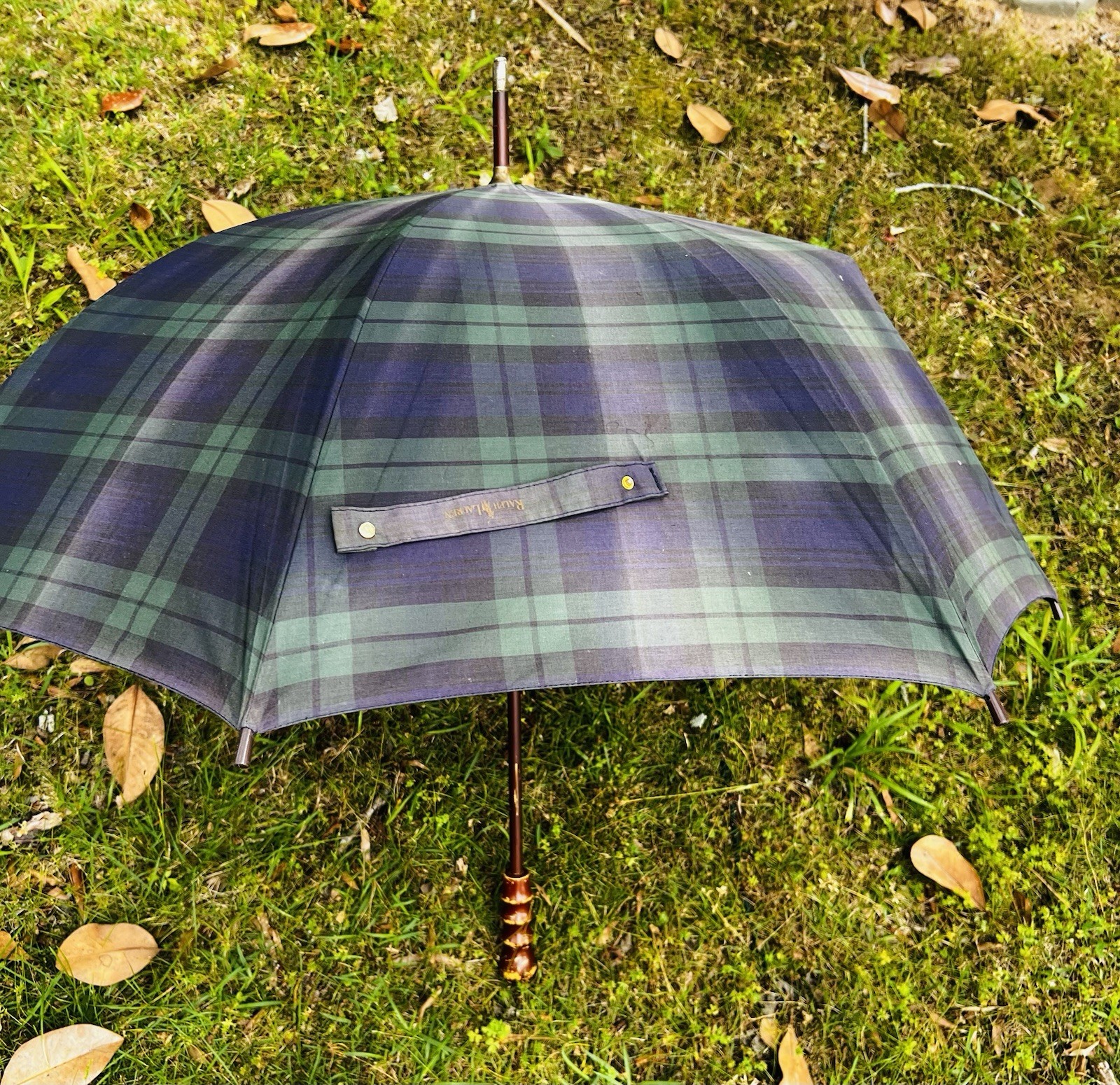 VTG Polo Ralph Lauren Tartan Plaid Blue Green Umbrella Wood Handle READ