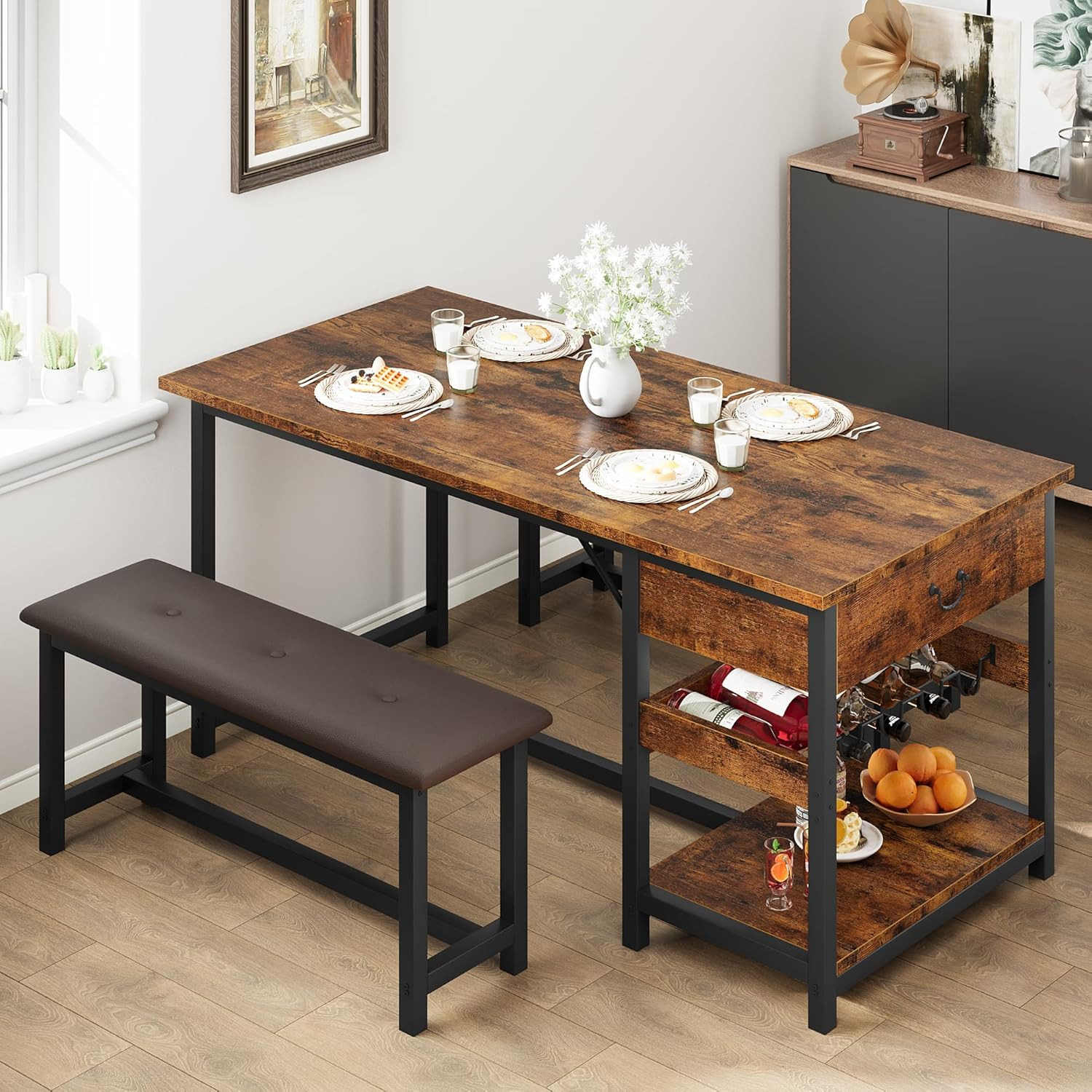 Rustic Brown Dining Table Set for 4 with Benches, Storage & Wine Rack