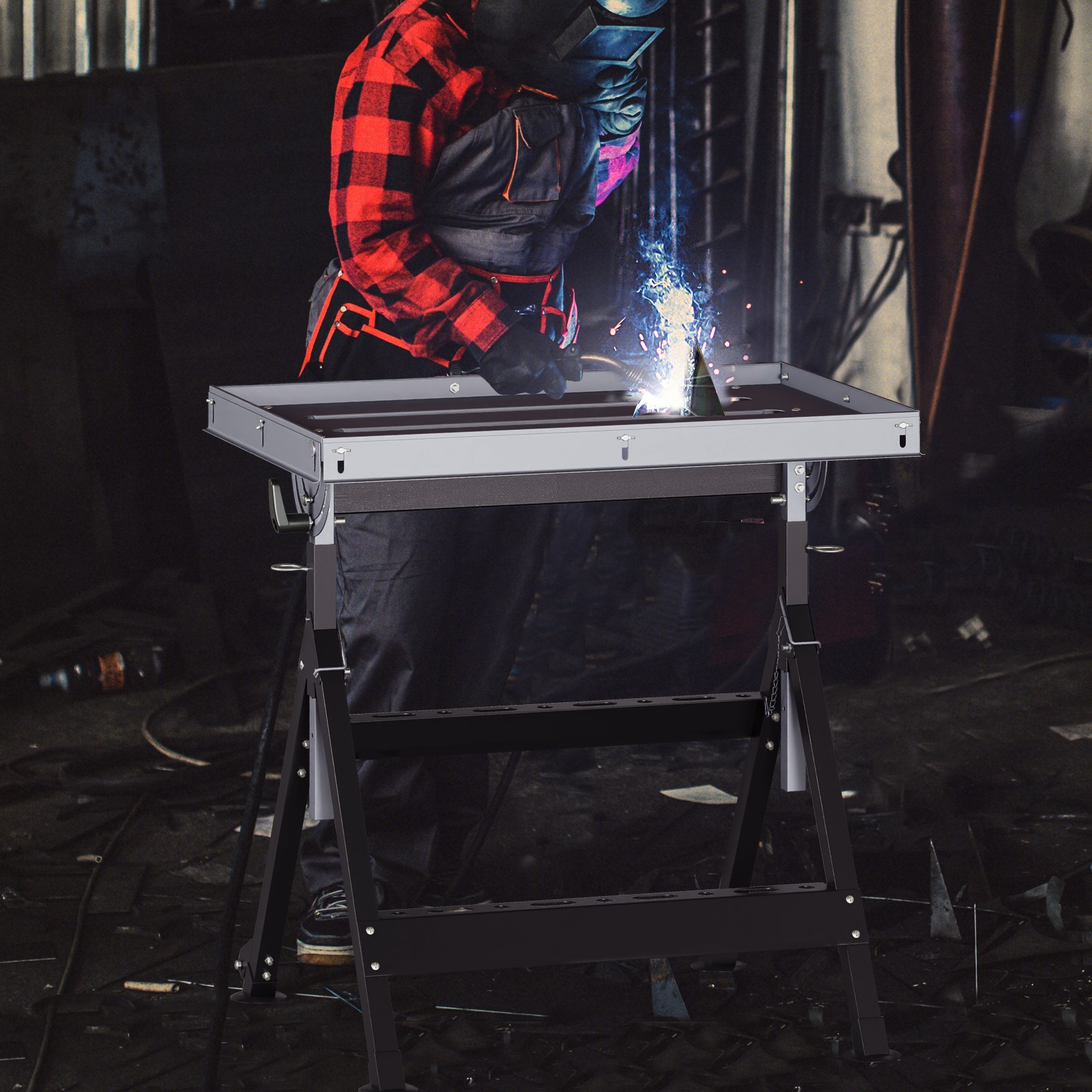 Folding Welding Table w/Tabletop 2 Fixed Wheels 4-Level Height 5 Tilting Angles