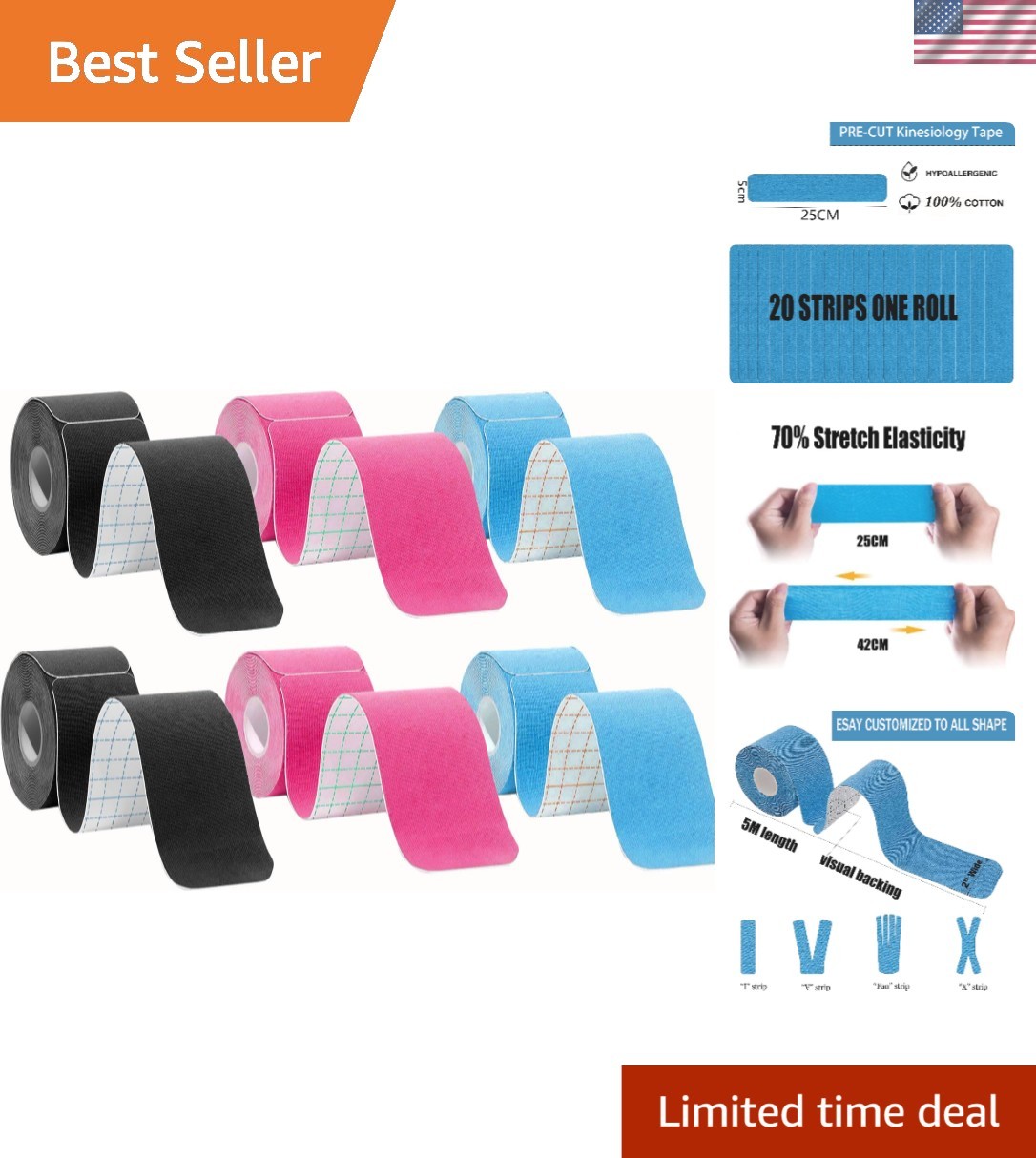 Elastic Kinesiology Tape 6 Pack - Waterproof, Skin-Friendly Tapes for All Sports