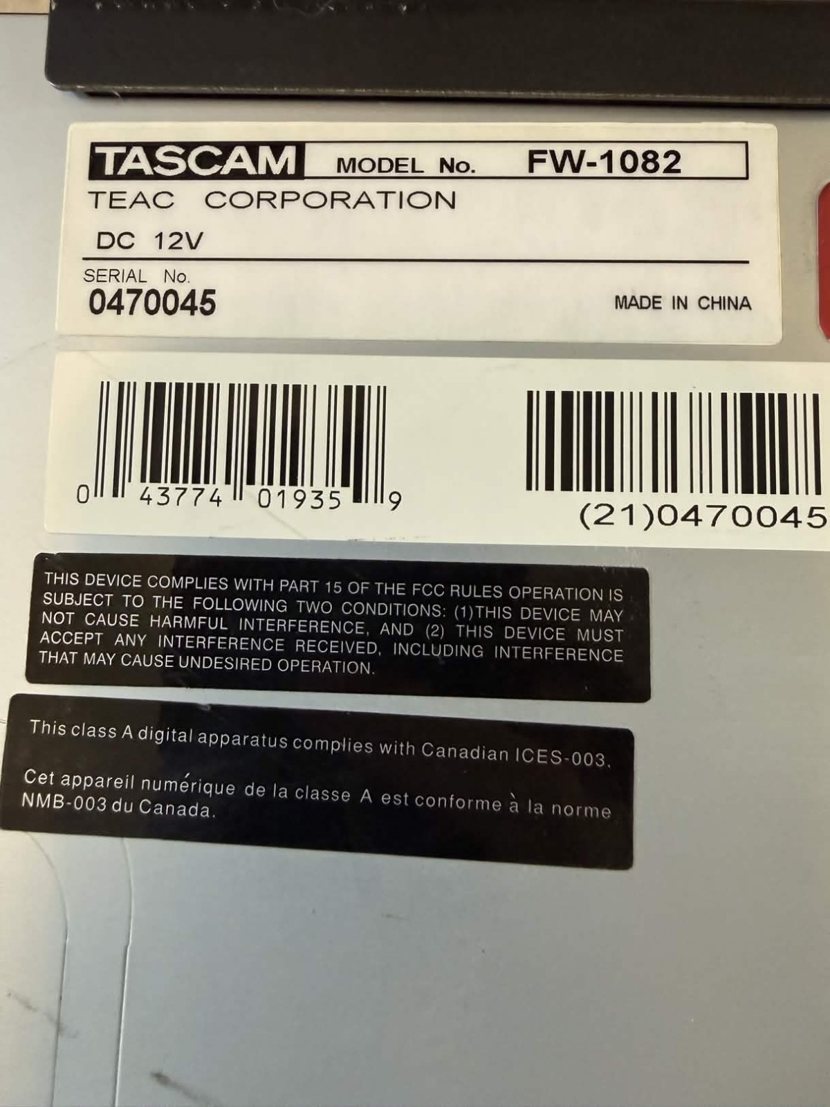TASCAM FW-1082 Audio/MIDI/DAW Interface