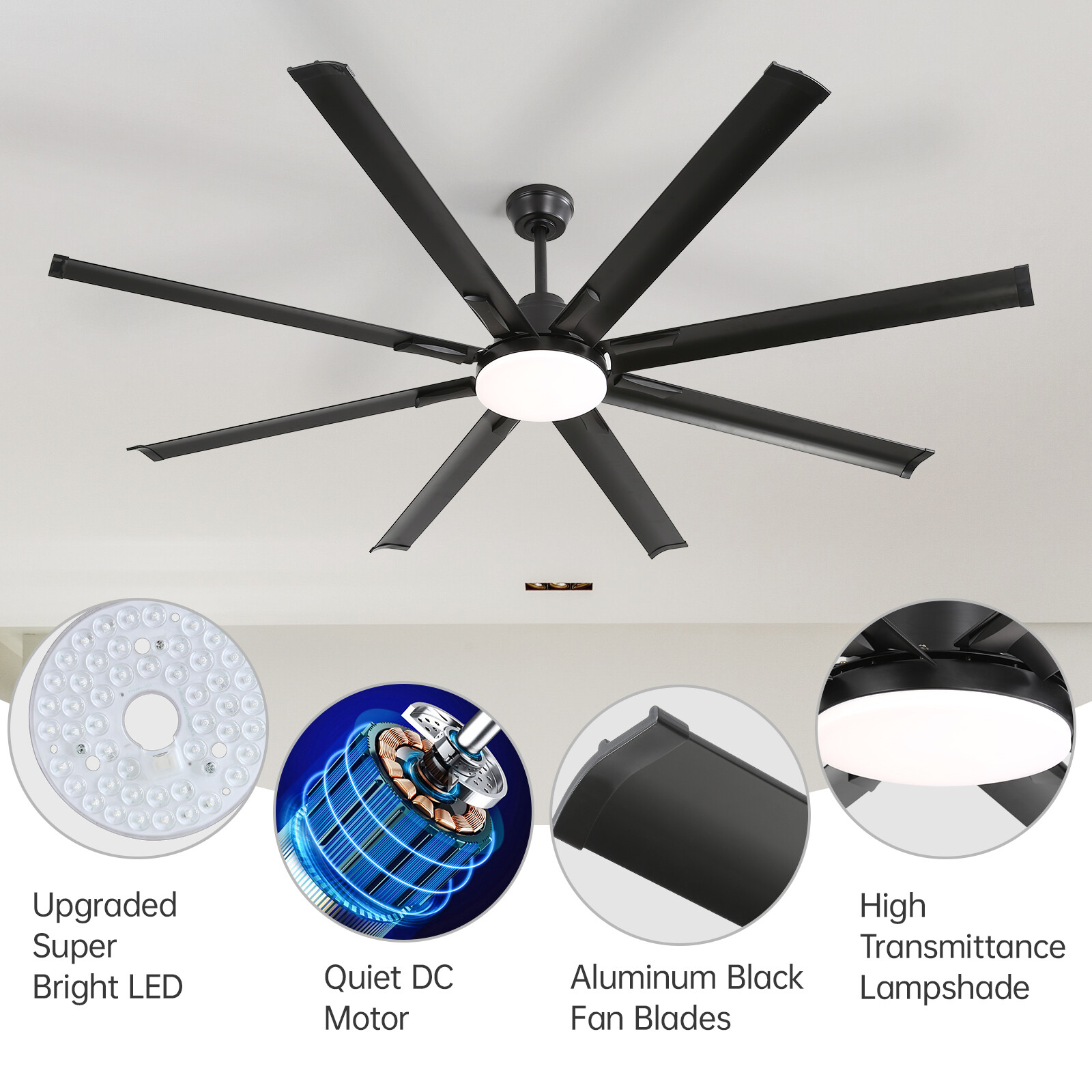Large 72in Smart Ceiling Fan DC Motor 8 Blade LED Light Remote Control Timer APP