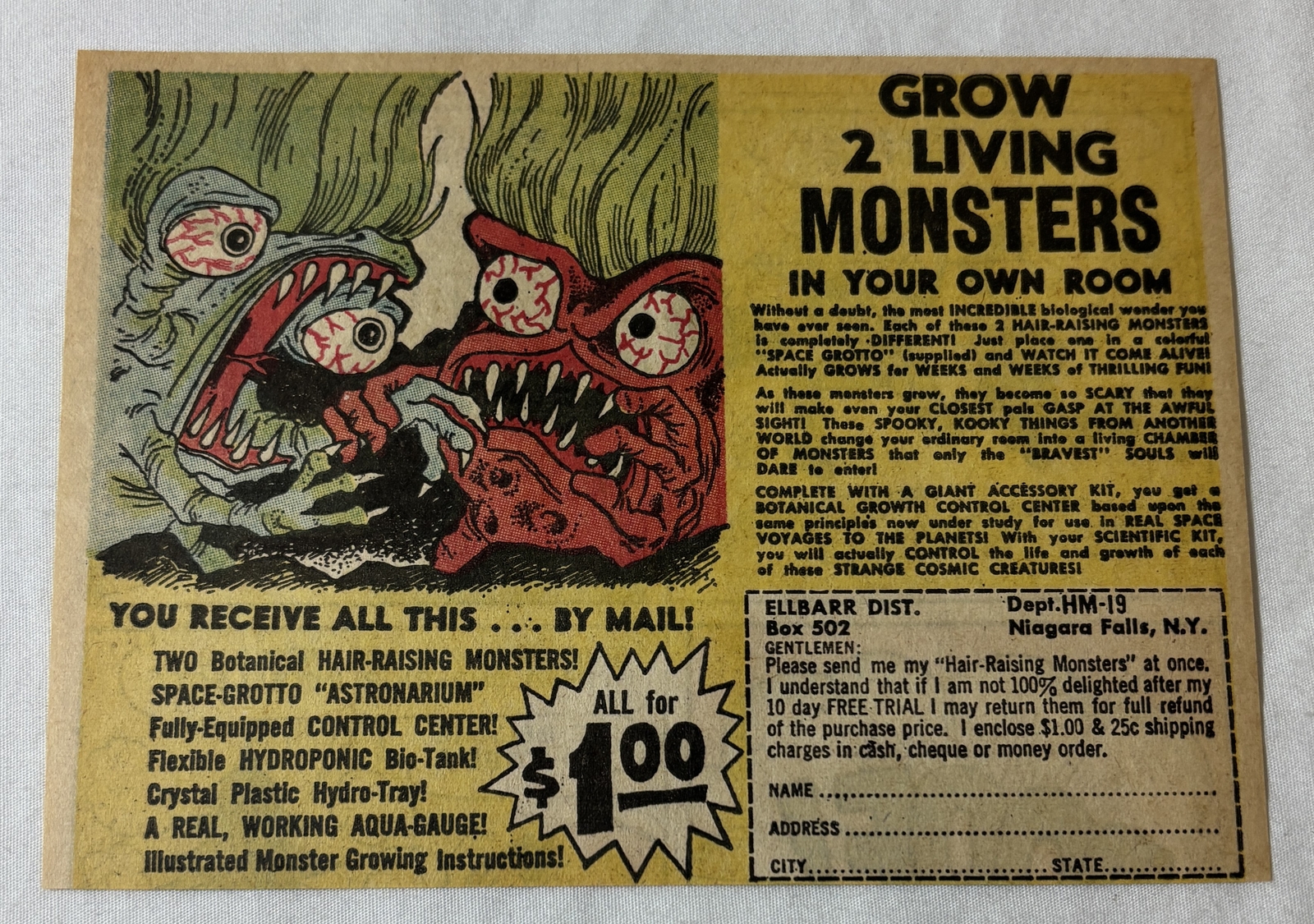 1965 horror toy cartoon ad ~ GROW 2 LIVING MONSTERS