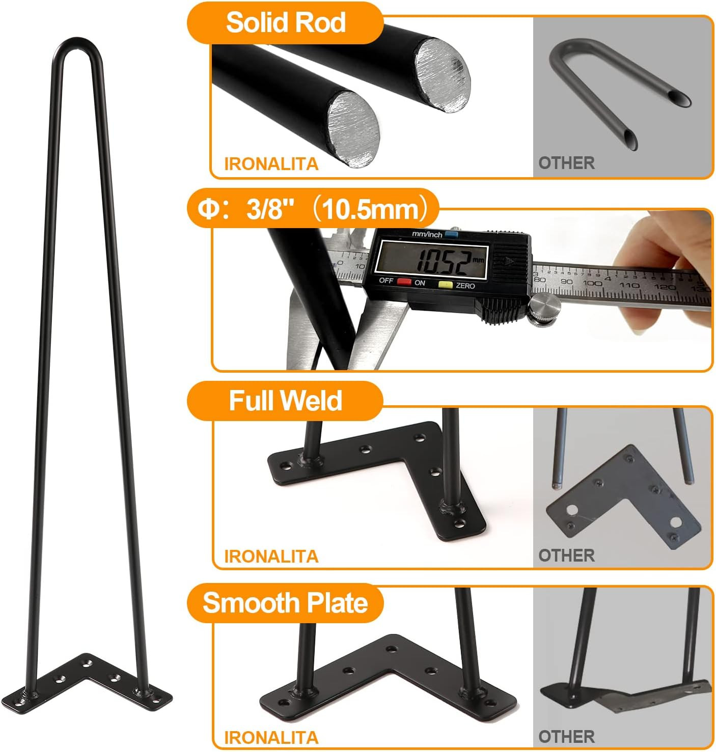 10 Inch Hairpin Legs for Furniture Set of 4, Heavy Duty Industrial Metal Table L