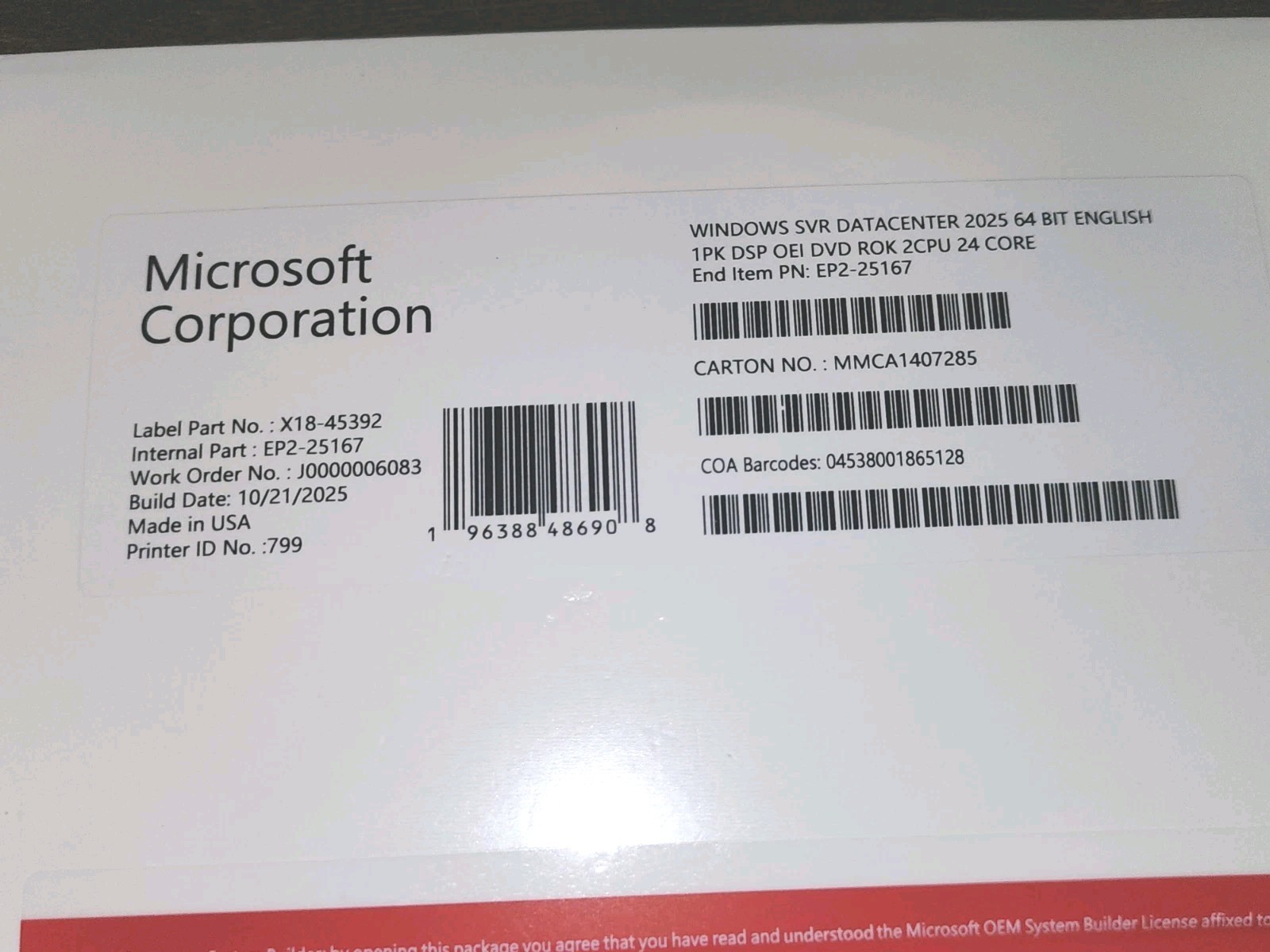 Microsoft Windows Server 2025 Datacenter- 24 Core License, Genuine OEM Pack, DVD