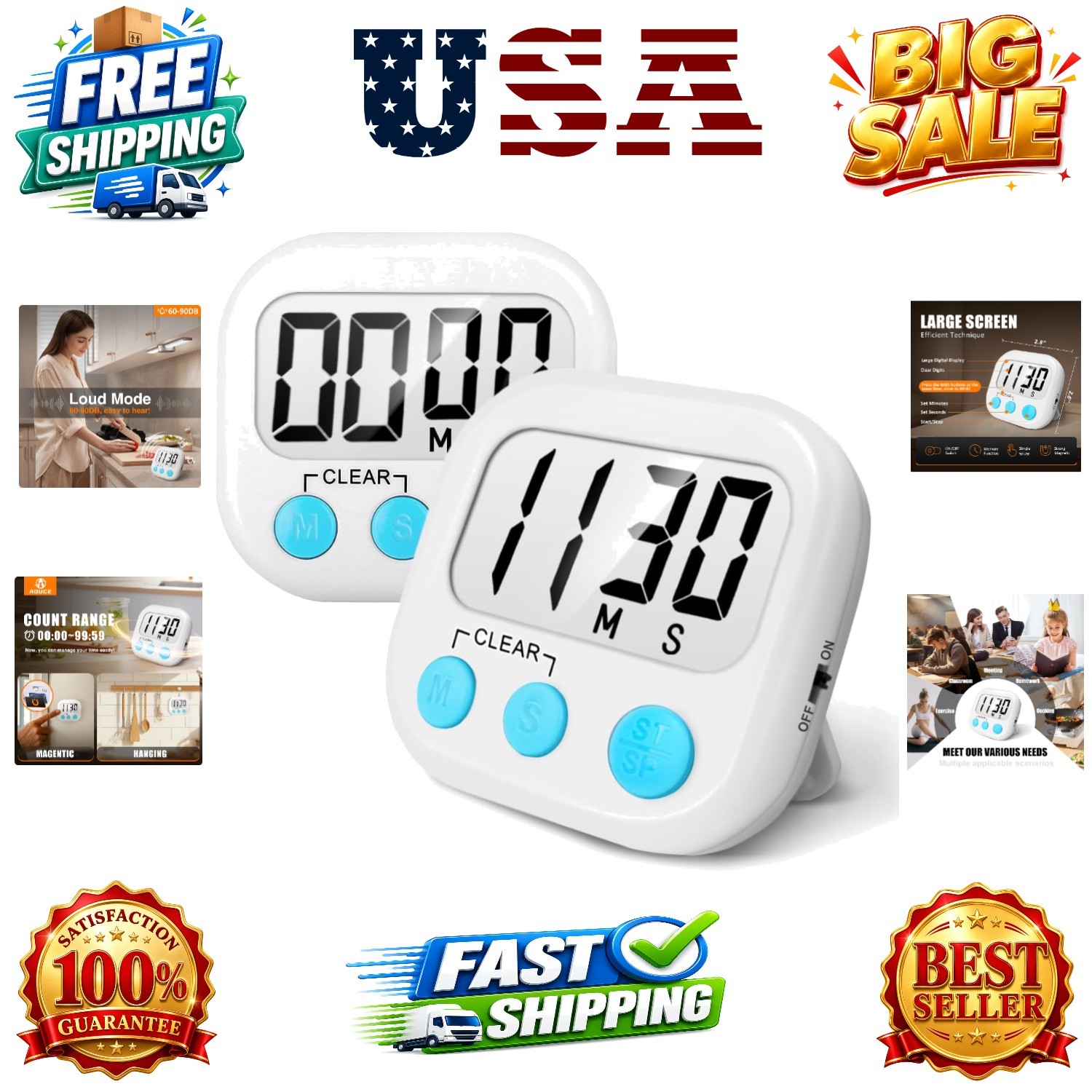 2 Pack Digital Kitchen Timer for Cooking Big Digits Loud Alarm Magnetic Backi...
