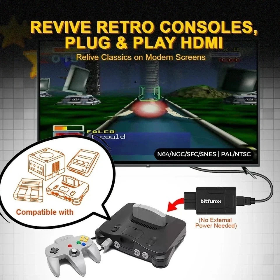 Bitfunx N64 HDMI Adapter 720P 1080P HD Converter Upscale N64 SNES SFC GameCube