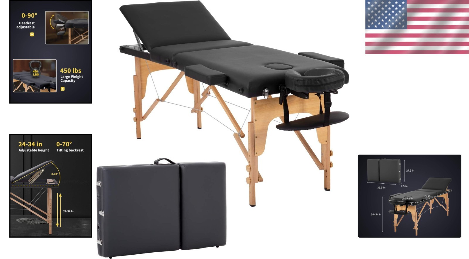 Compact Spa Massage Bed with Tool-Free Setup - 24" Wide Adjustable Table