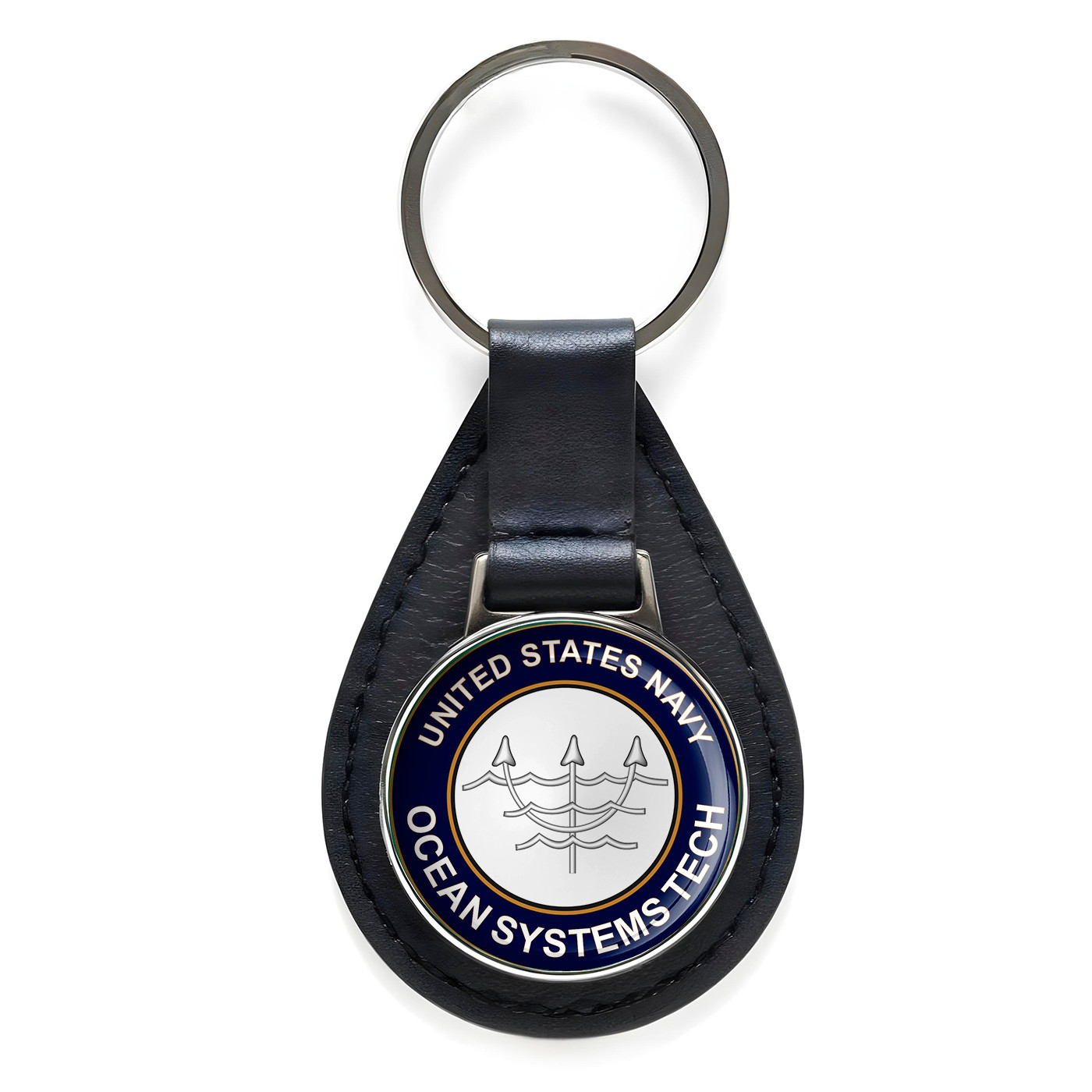 U.S. Navy Ocean Systems Technician Black Leather Keychain Silver Keyring