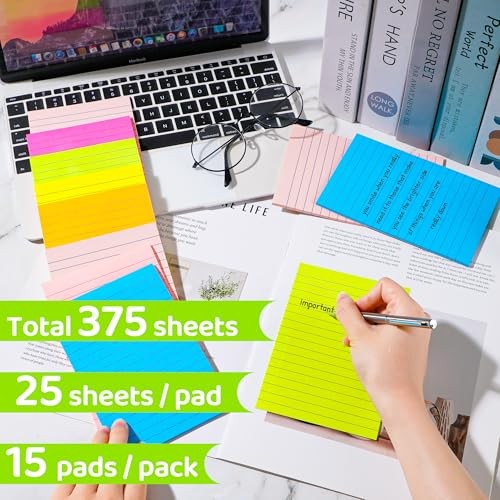 Lined Sticky Notes 4 x 6 Inches, 15 Pads, 375 Sheets Total, 7 Bright Colors,