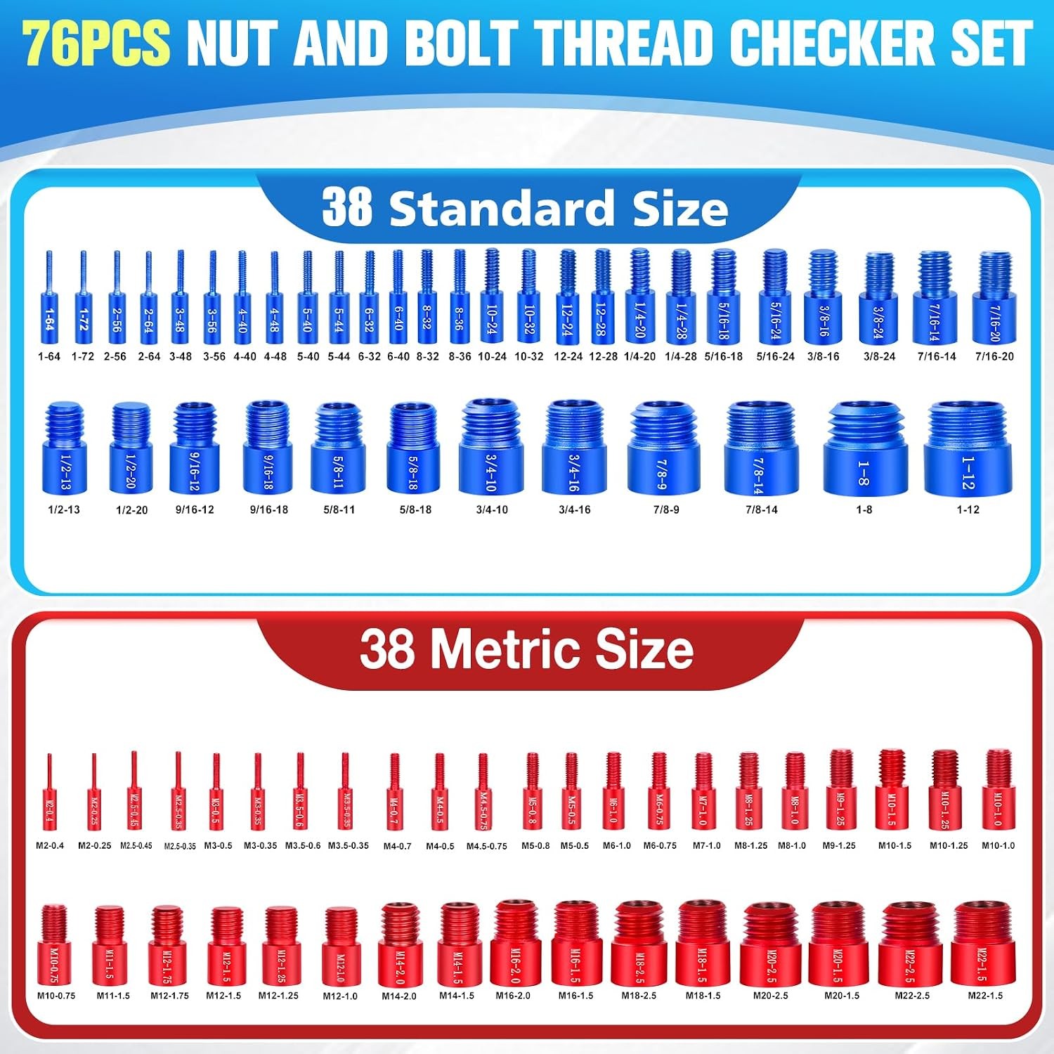 76Pcs Thread Checker, Nut and Bolt Thread Checker 38 Standard and 38 Metric Set,