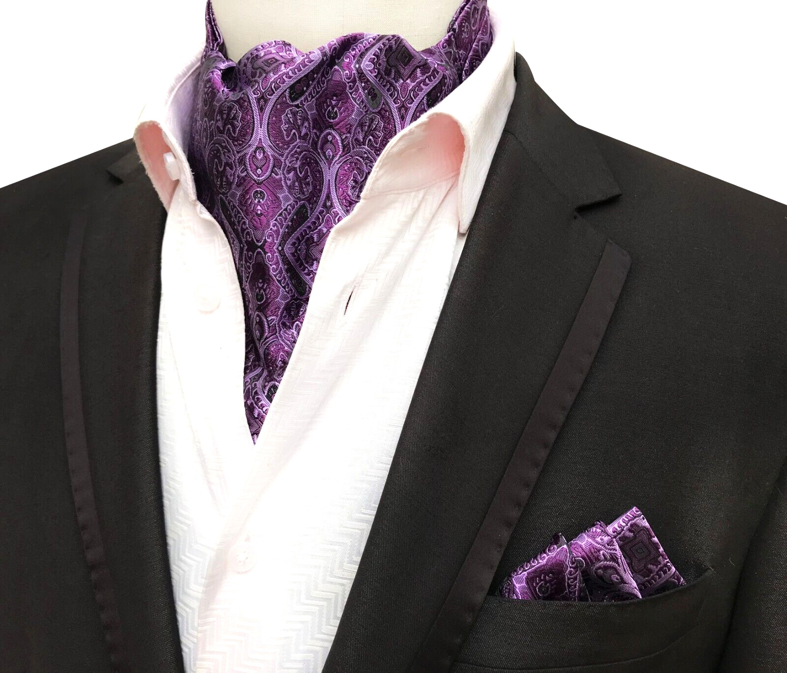 Classic Men's Ascot Cravat Tie Silk Paisley Purple Scarf Cravat Hanky Set