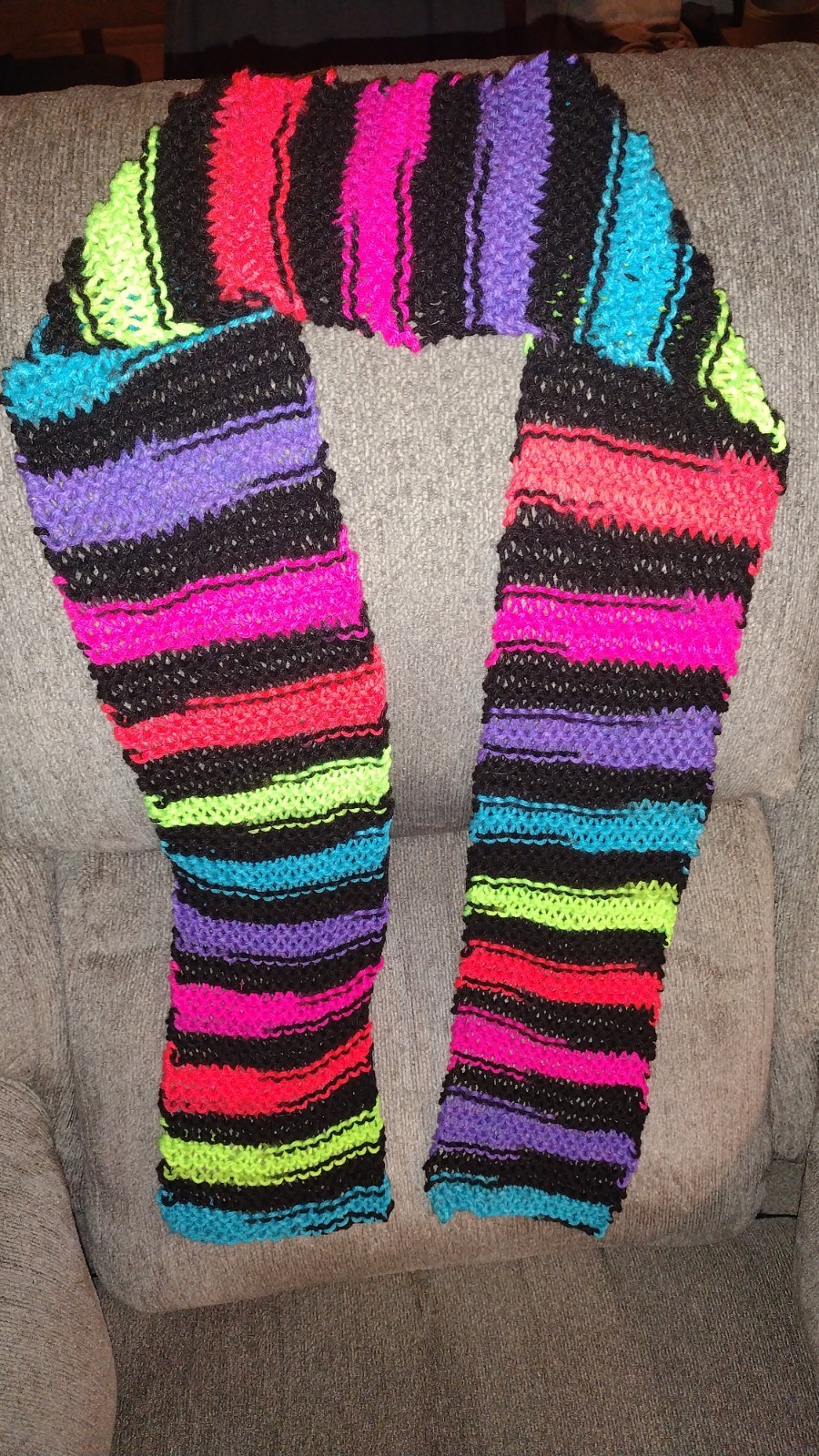 Hand Knit Acrylic Scarf Striped Black With Neon Rainbow Colors Long 58" x 5"