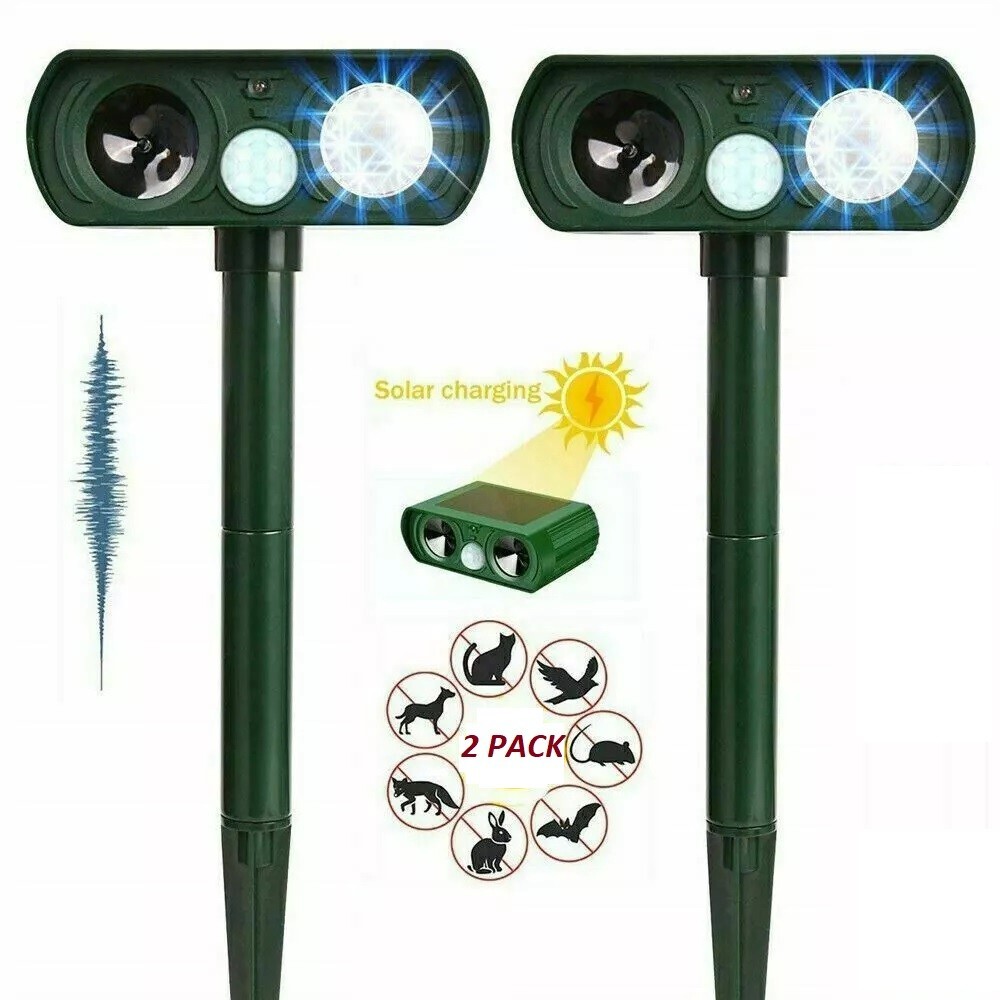 2 PACK Animal Repellent Ultrasonic Solar Power Outdoor Pest Cat Mice Sensor PIR