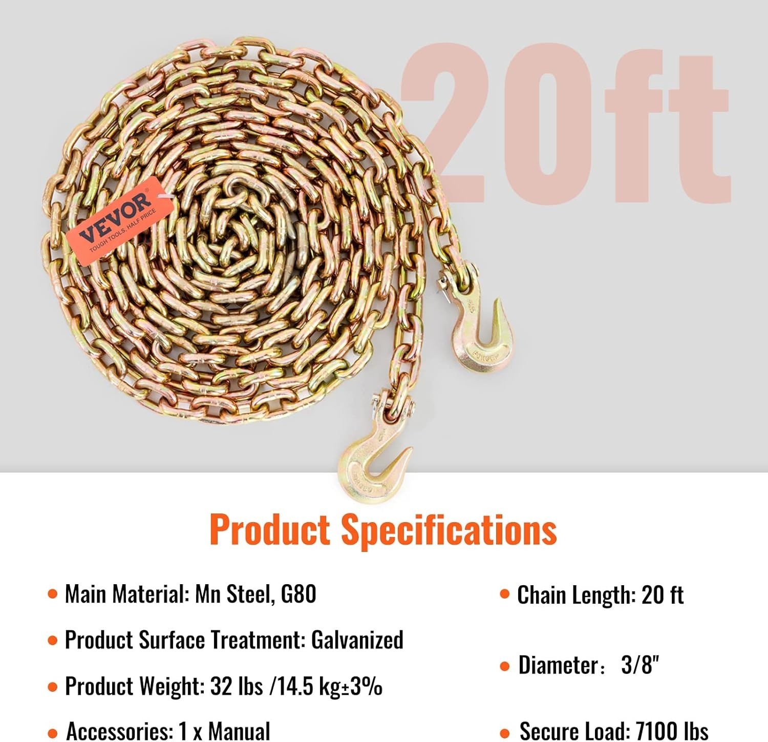 Secure 3/8'' x 20' G80 Logging Chain with Grab Hooks – Reliable for Transporting