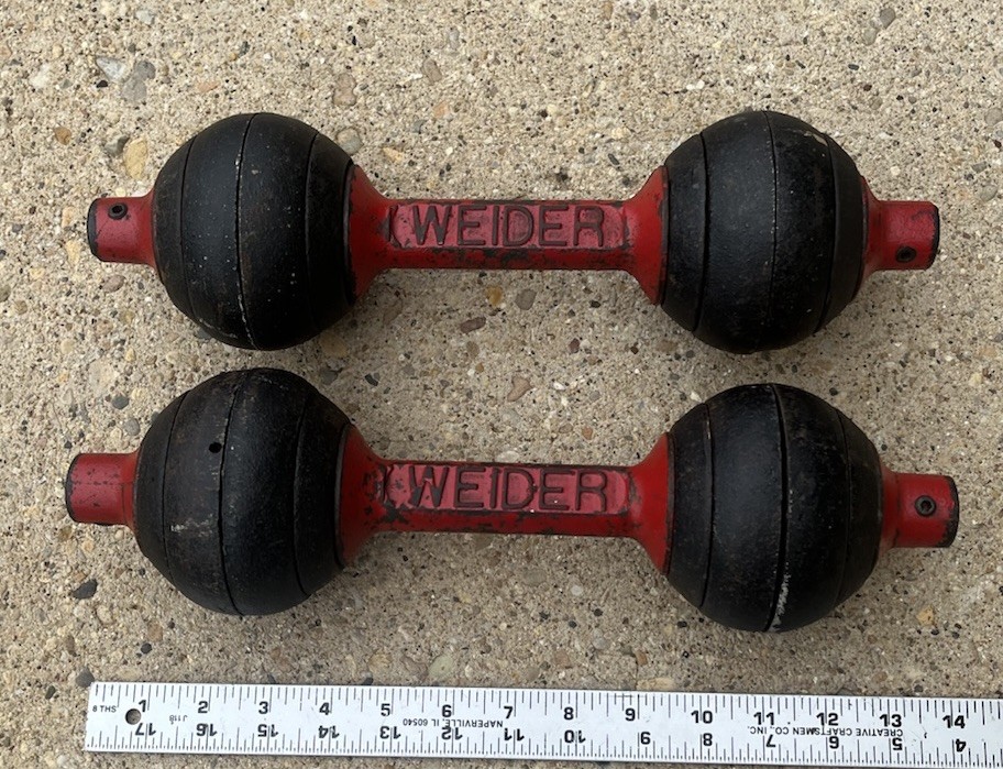 2 Vintage Weider Cast Iron GOGO Bells Dumbbells Weights Globe 15lbs each NICE!