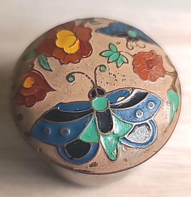 Vintage Round Brass Trinket Box Colorful Butterfly Design Made in India