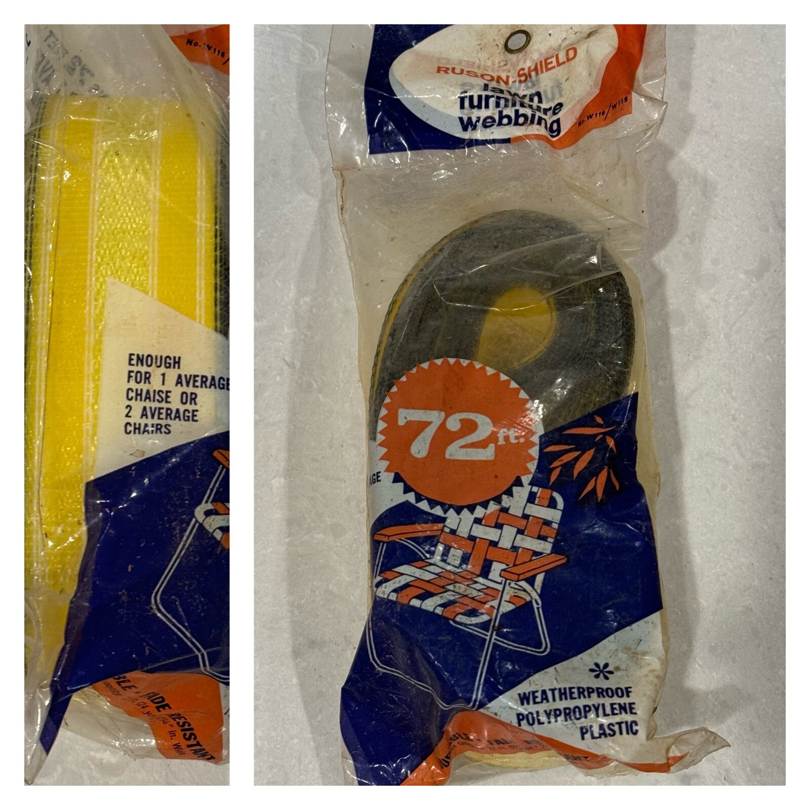 Vintage Webbing Yellow Ruson-Shield Lawn Furniture Webbing Chaise Chairs 72ft