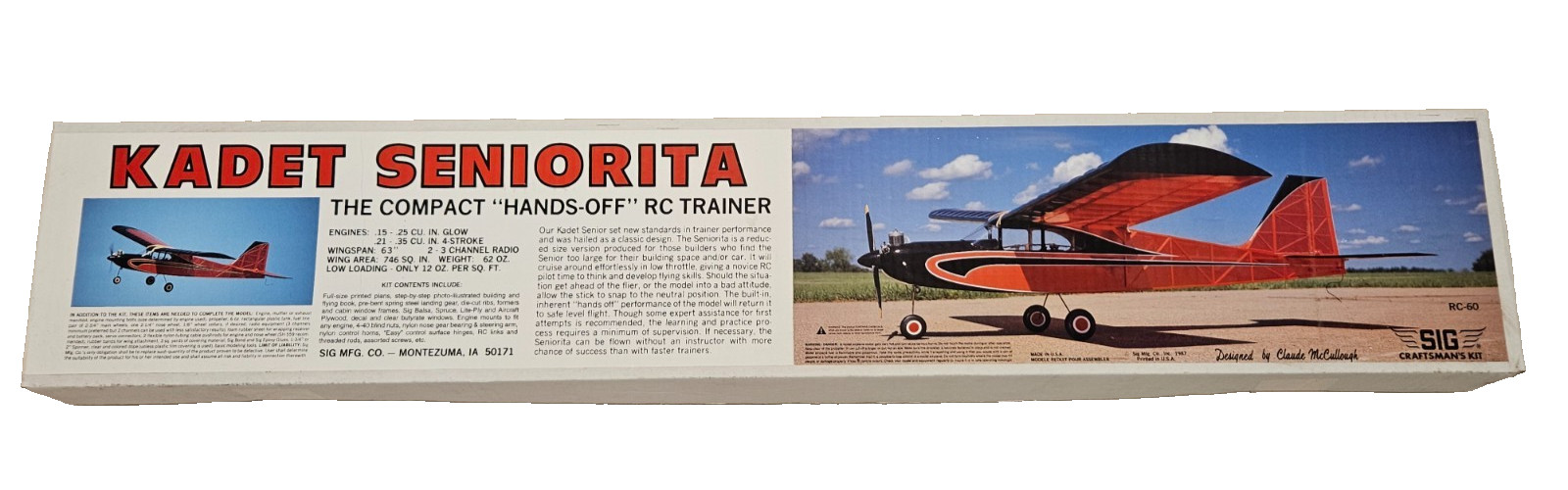SIG Balsa KIT Cadet Senorita 63" RC Trainer N.O.S. New In Box Part Nmber RC60