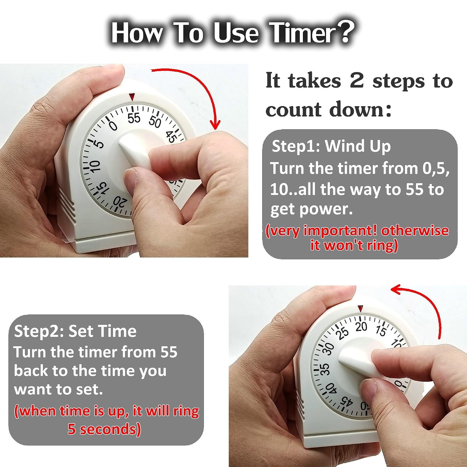 2 Pack Mechanical Wind Up Timer Loud Alarm Manual Countdown Timer Second Timer