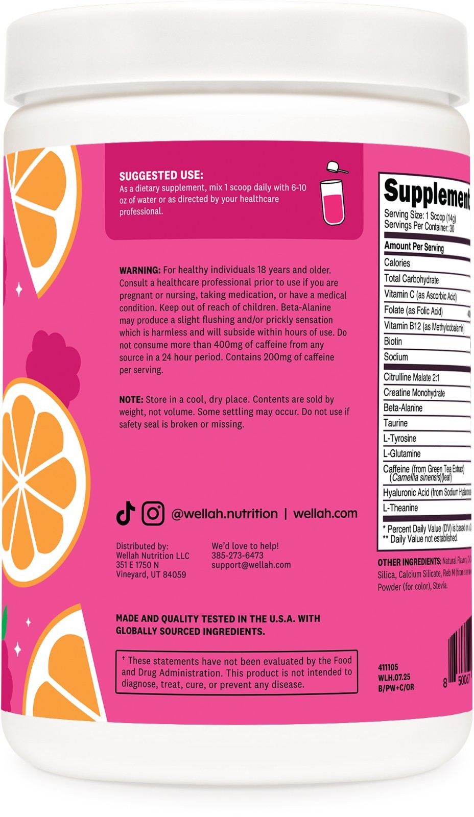 Wellah Pre-Workout + Creatine Powder (30 Servings) Orange Raspberry -3g Creatine