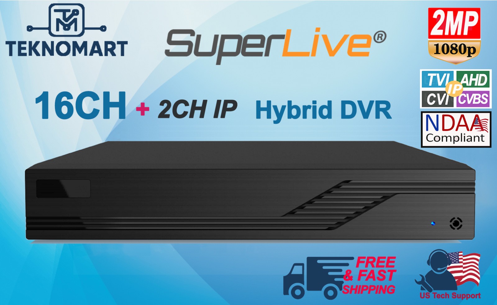 SuperLive 2MP 1080p 16CH HD Analog Hybrid DVR 1x SATA H.265 Selectable HDD