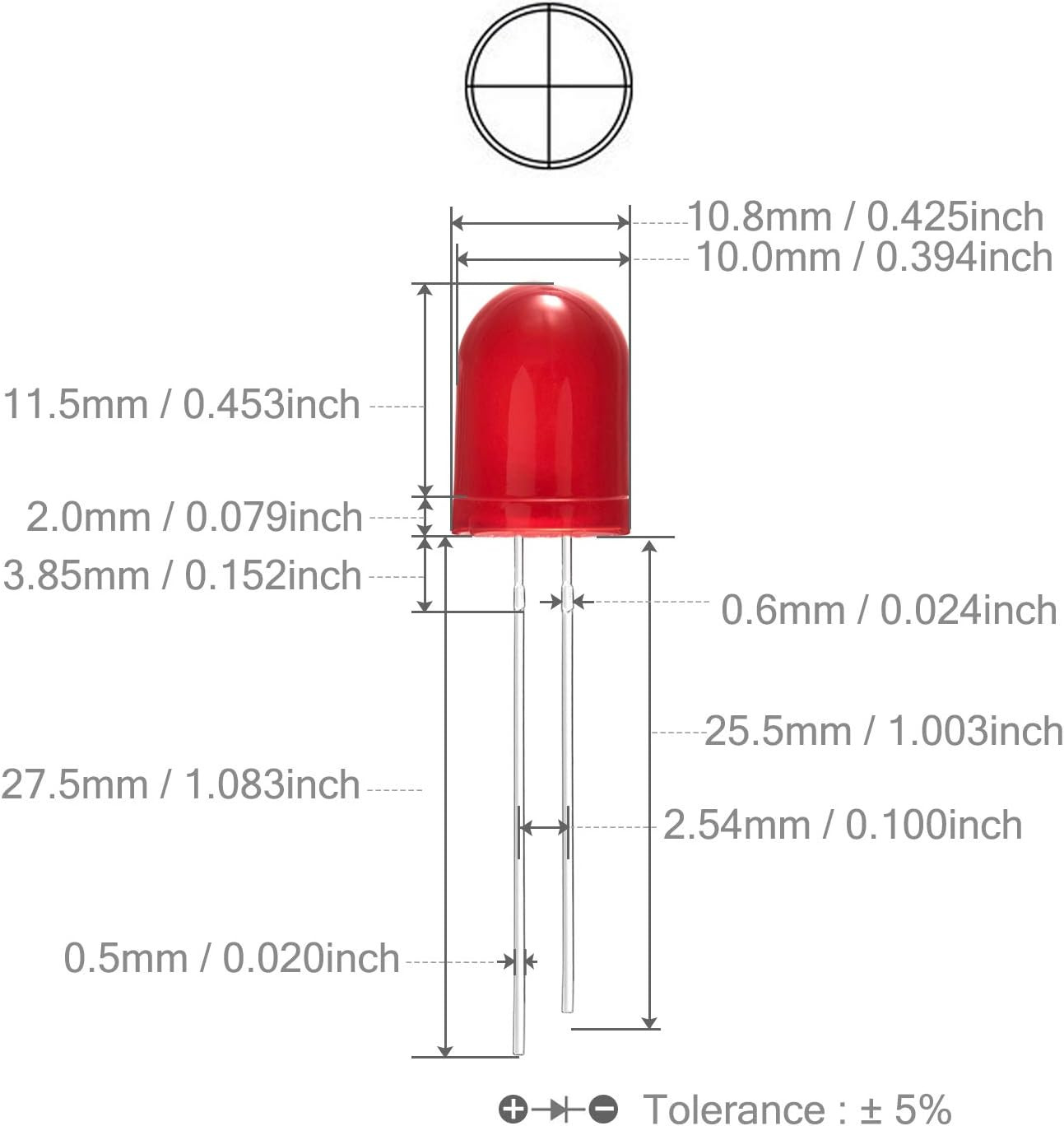 50 pcs 10mm Red Diffused LED Diode Lights (DC 2V 20mA) | (Colored Lens Round)...