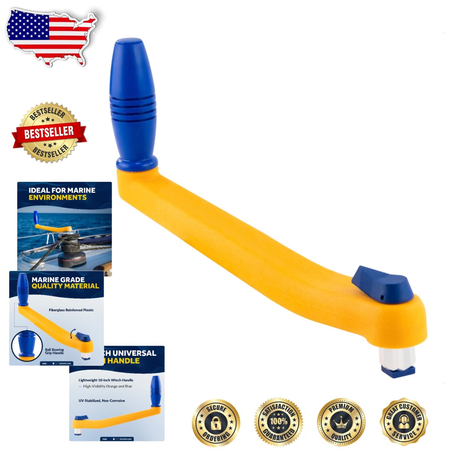10" Floating Sailboat Winch Handle - Universal Lock-In, Strong, Orange/Blue, ...