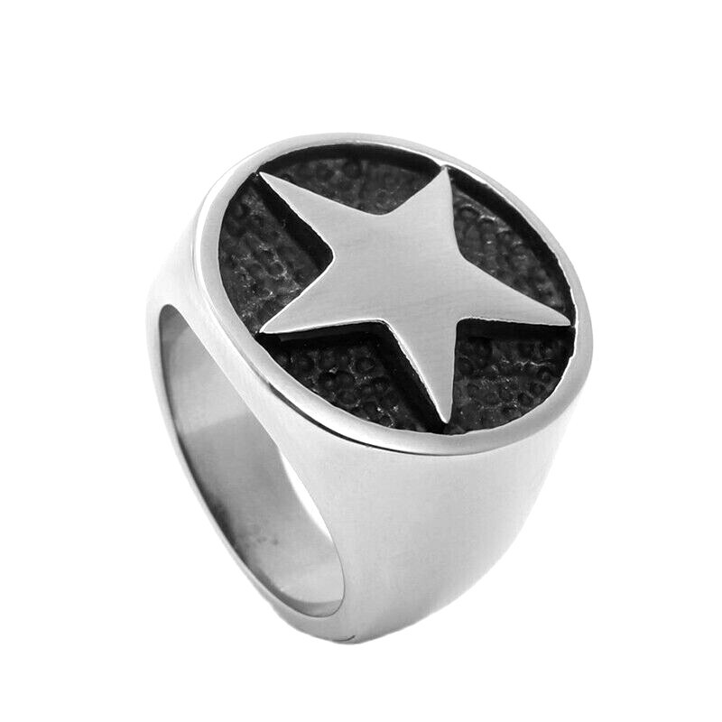 Vintage Five Pointed Star Pentagram Ring Stainless Steel Biker Ring Size 7-13