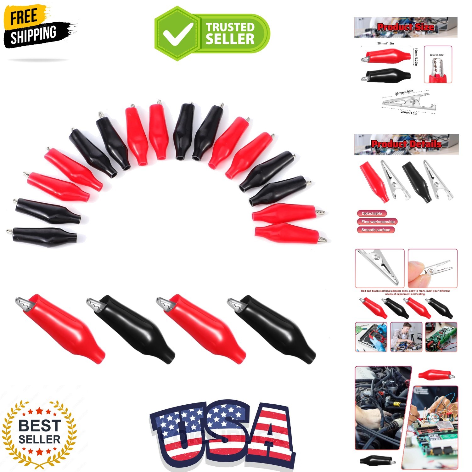 20 PCS Insulated Alligator Clips, Red and Black Alligator Clips Electrical Batte