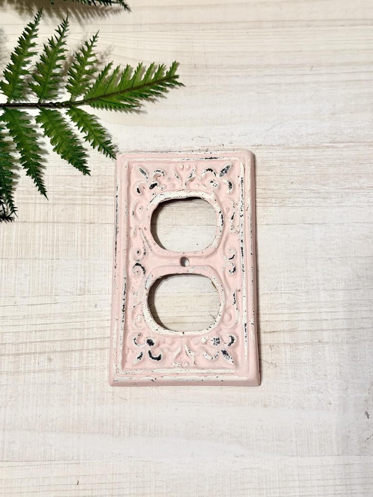 Rustic Pink Fleur De Lis Cast Iron Wall Outlet Plate Cover Vintage Style Pink