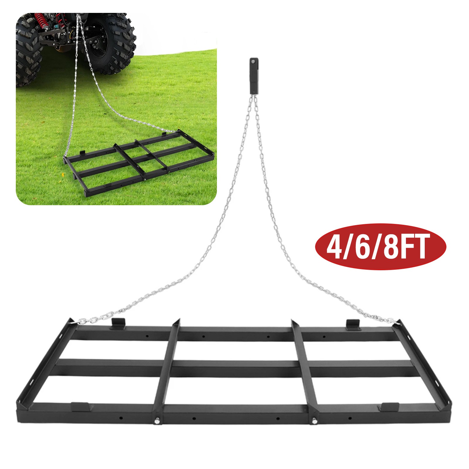 4/6/8 FT Drag Harrow Driveway Grader Power Rake For ATV UTV Tractor, Black