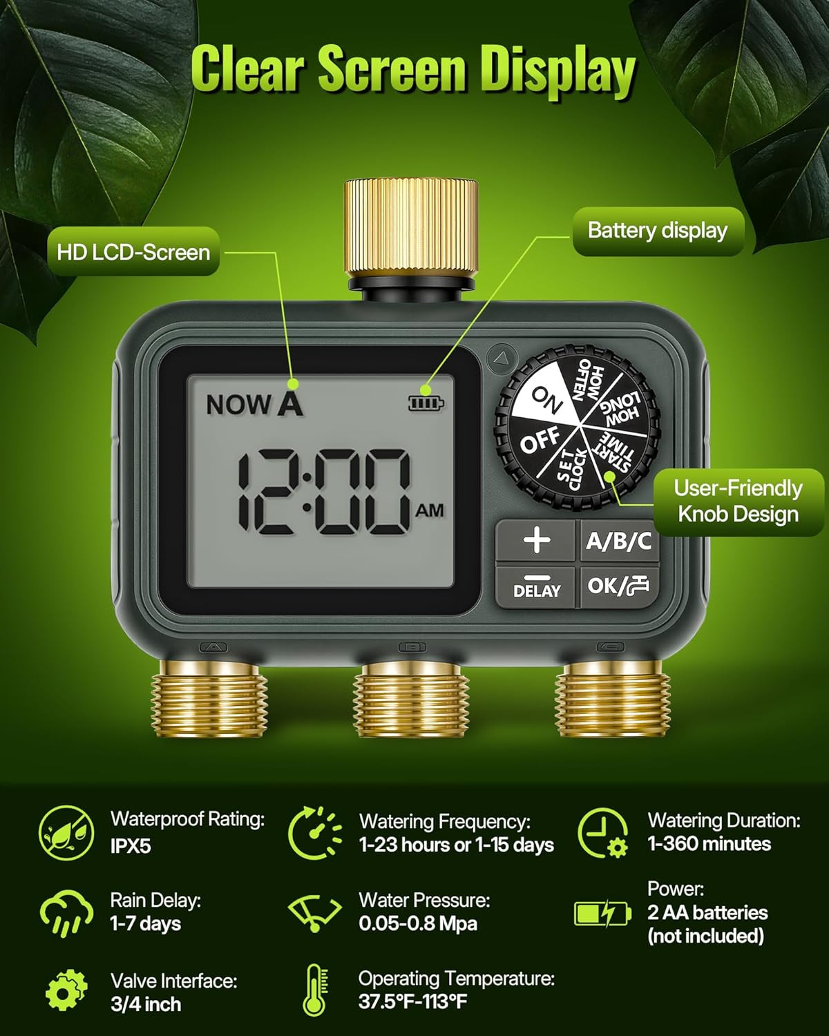 Programmable Brass Sprinkler Timer with 3 Outlets for Garden & Lawn Care