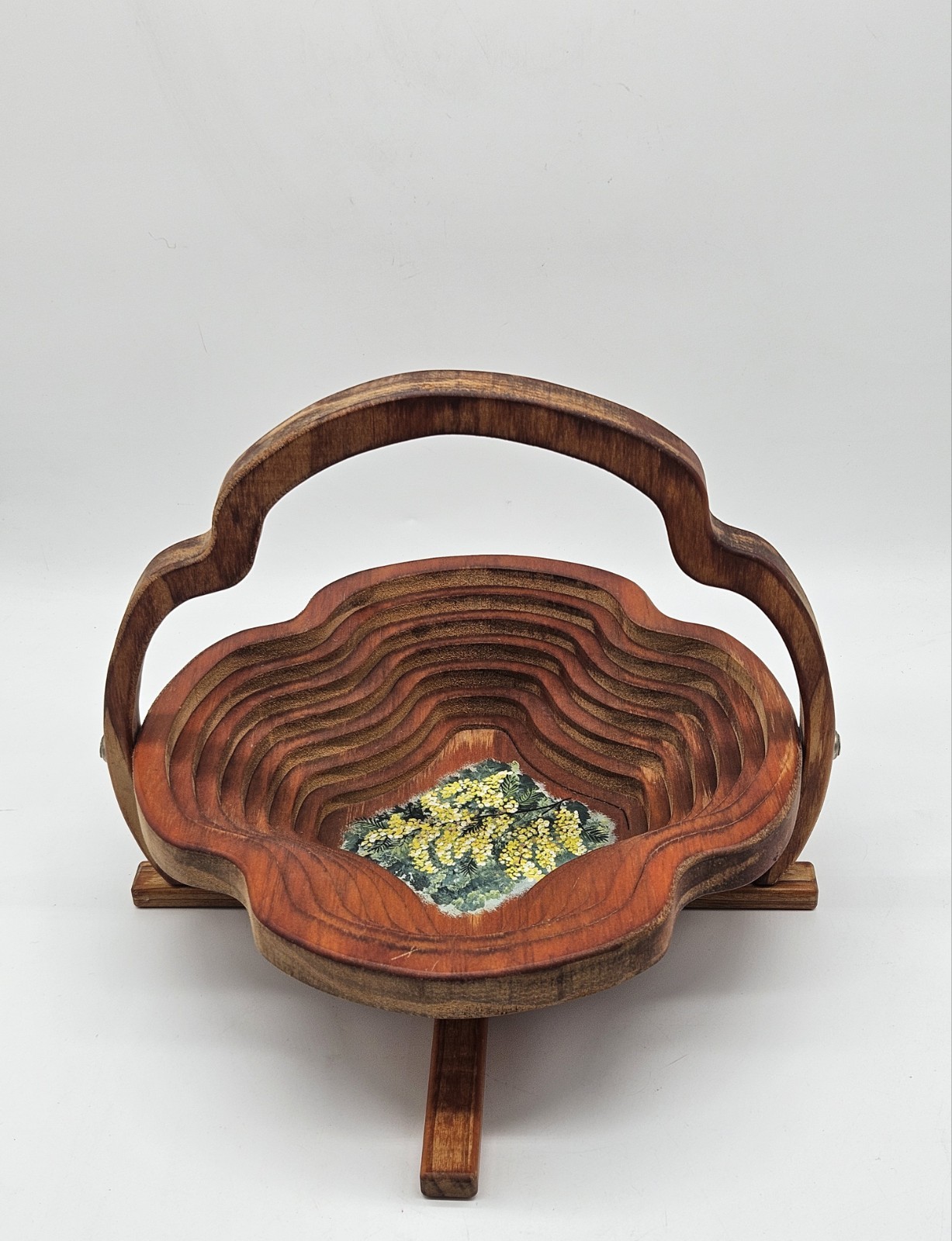 Folding Collapsible Handcrafted Painted Wood Basket Bowl Trivet Australia MCM