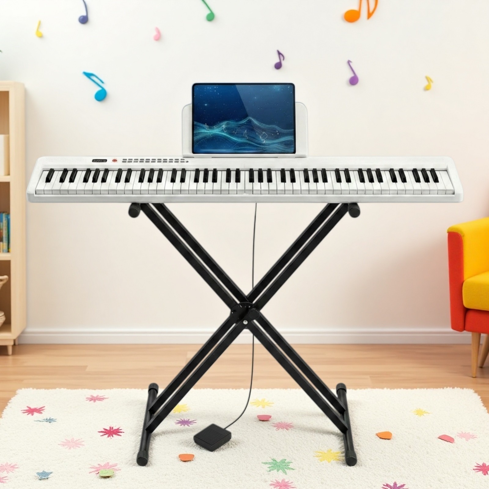 88-Key Folding Semi-Weighted Digital Piano Keyboard Set - White X-Stand Pedal