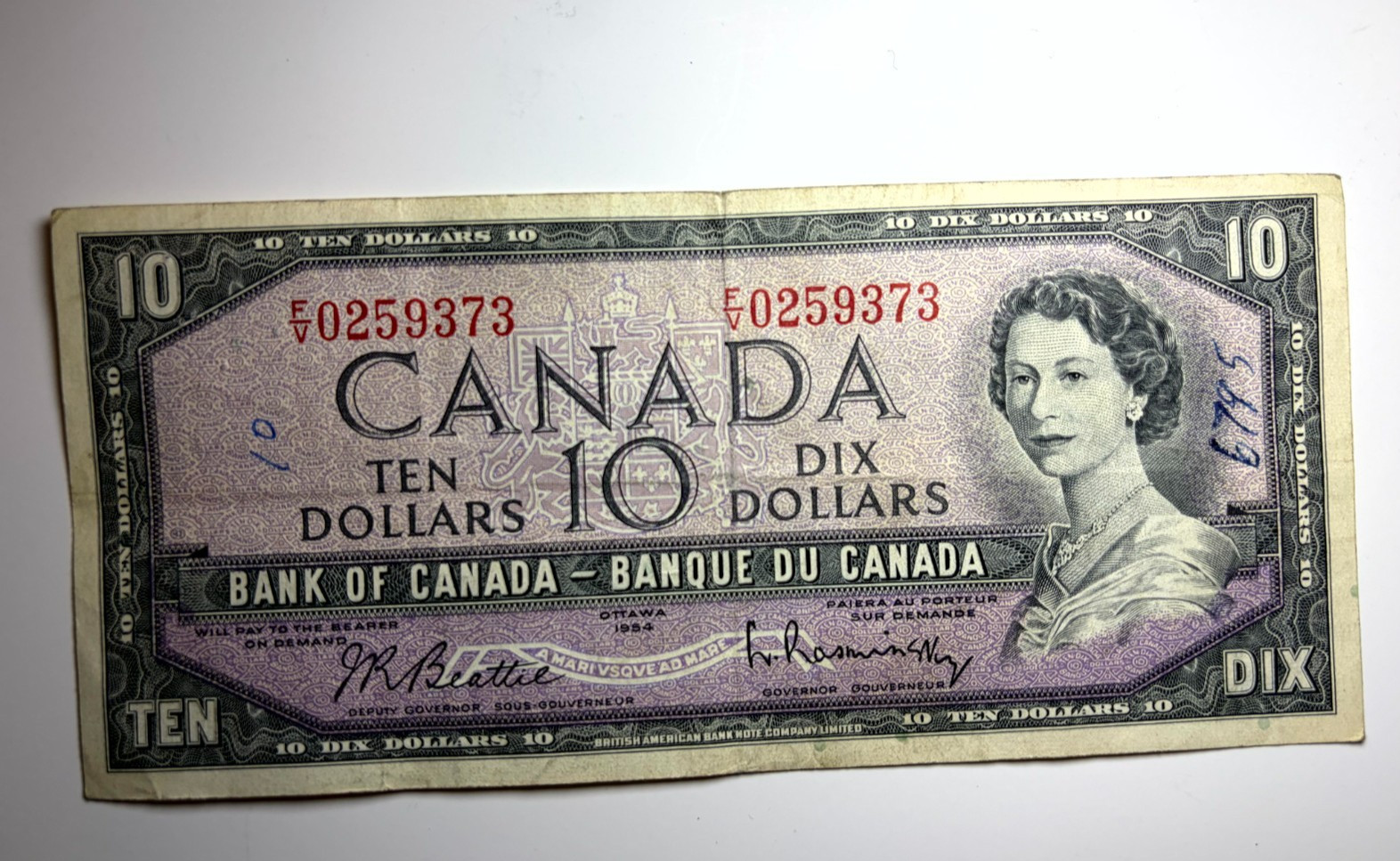 Canada 1954 Ten Dollar $10 Bill Banknote Beattie - Rasminsky FV0259373
