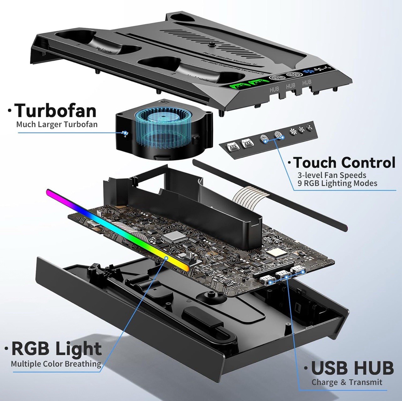 Cooling Fan Stand for PS5 Slim/Pro Console w/ Adjustable Fan Speed USB Port