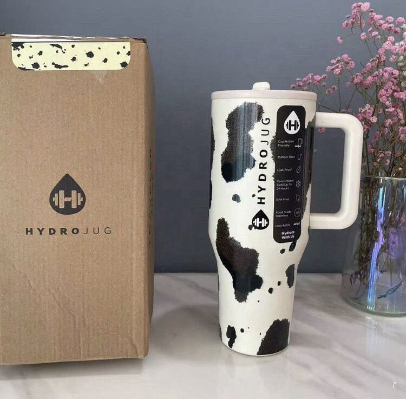 HydroJug 40oz Insulated Stainless Steel Tumbler Black And Brown Cow Print Design