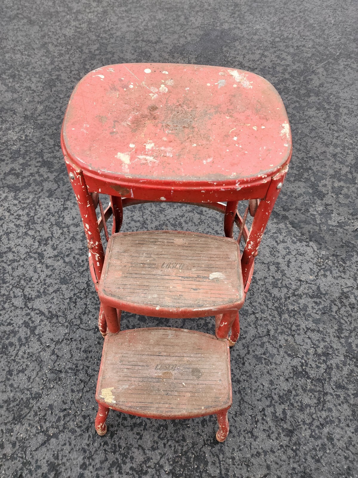 VTG Cosco Kitchen Step Stool Ladder All Metal Seat Easy Fold Out Red Plus Paint